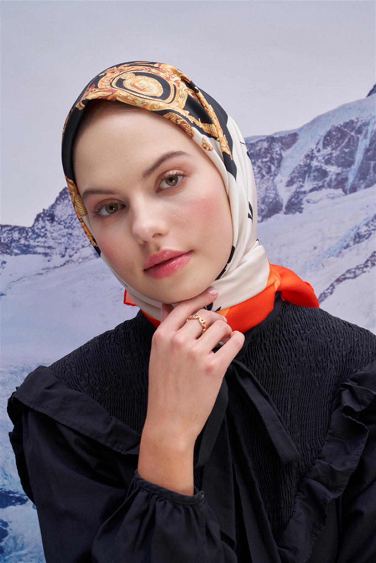 Twill Eşarp İtaly Desen Turuncu