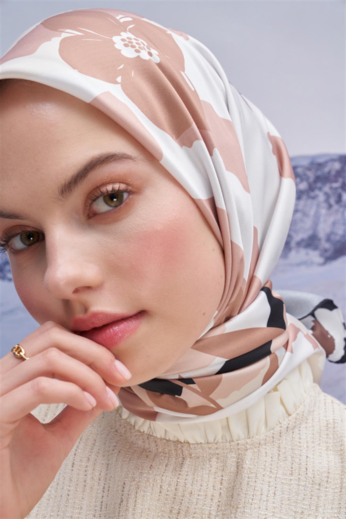 Twill Eşarp Mini Flowers Desen Bej