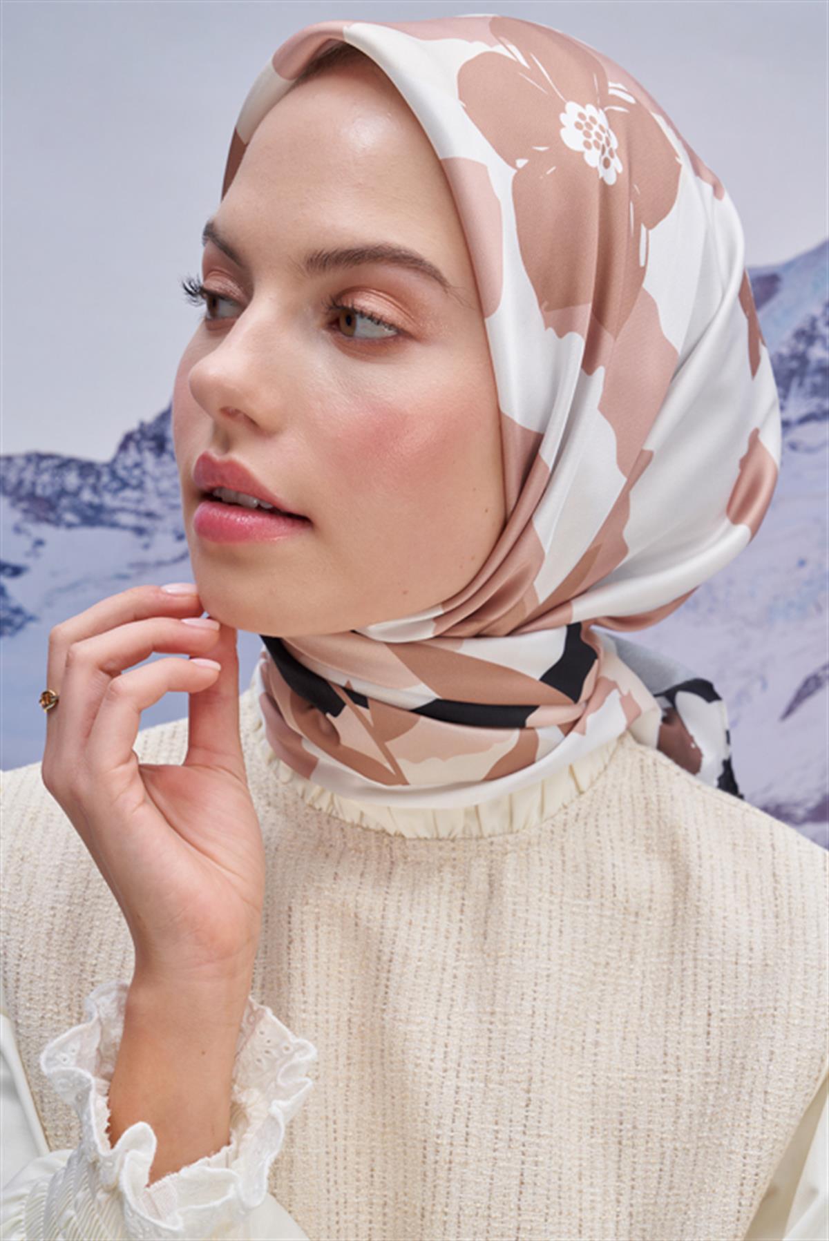 Twill Eşarp Mini Flowers Desen Bej