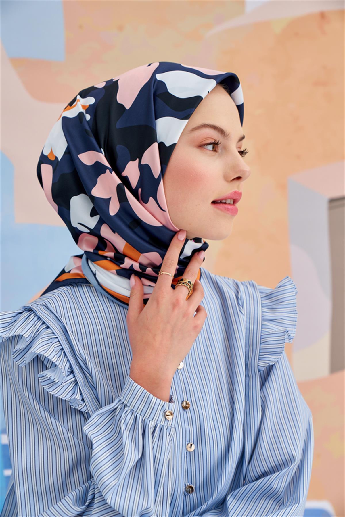 Twill Eşarp Mini Flowers Desen Lacivert