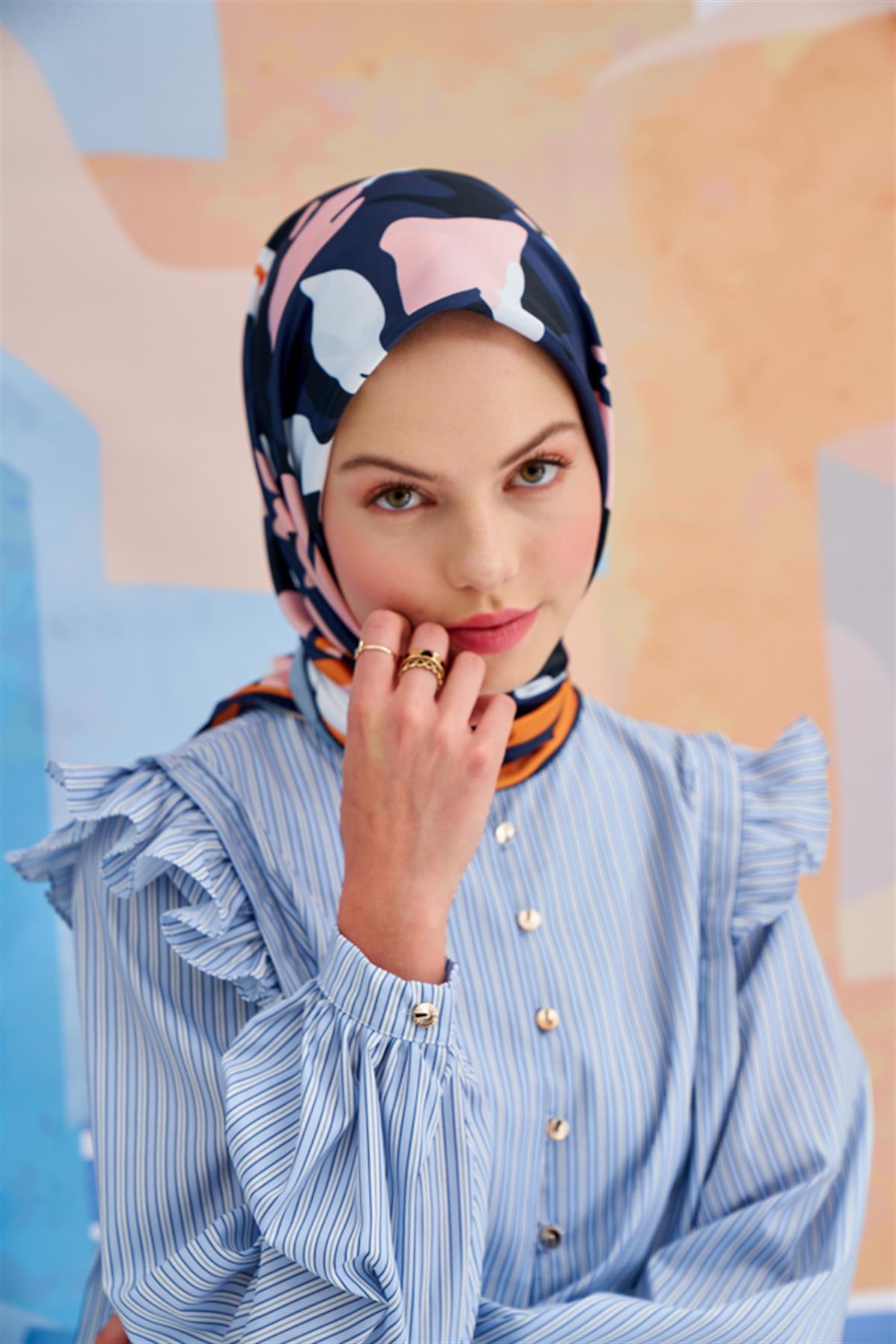 Twill Eşarp Mini Flowers Desen Lacivert