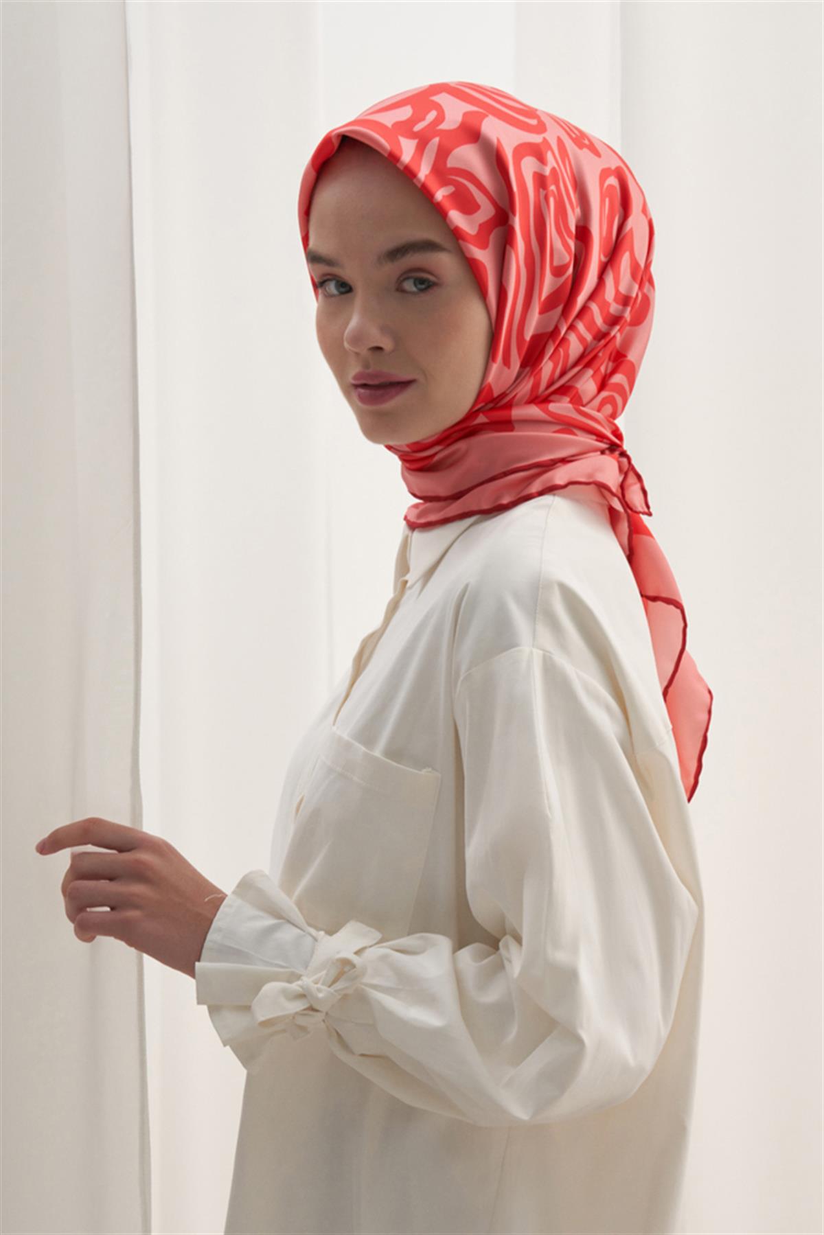 Twill Eşarp Pembe Dalga Desen