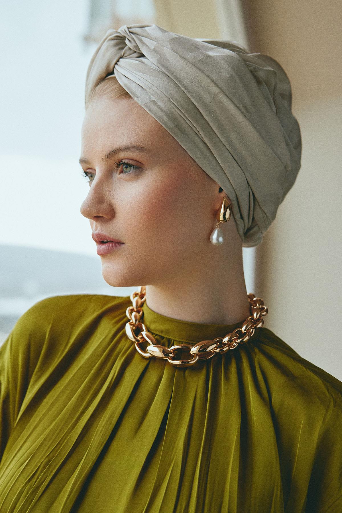 Vence Çift Taraflı Geometrik Desen İpek Şal Bej