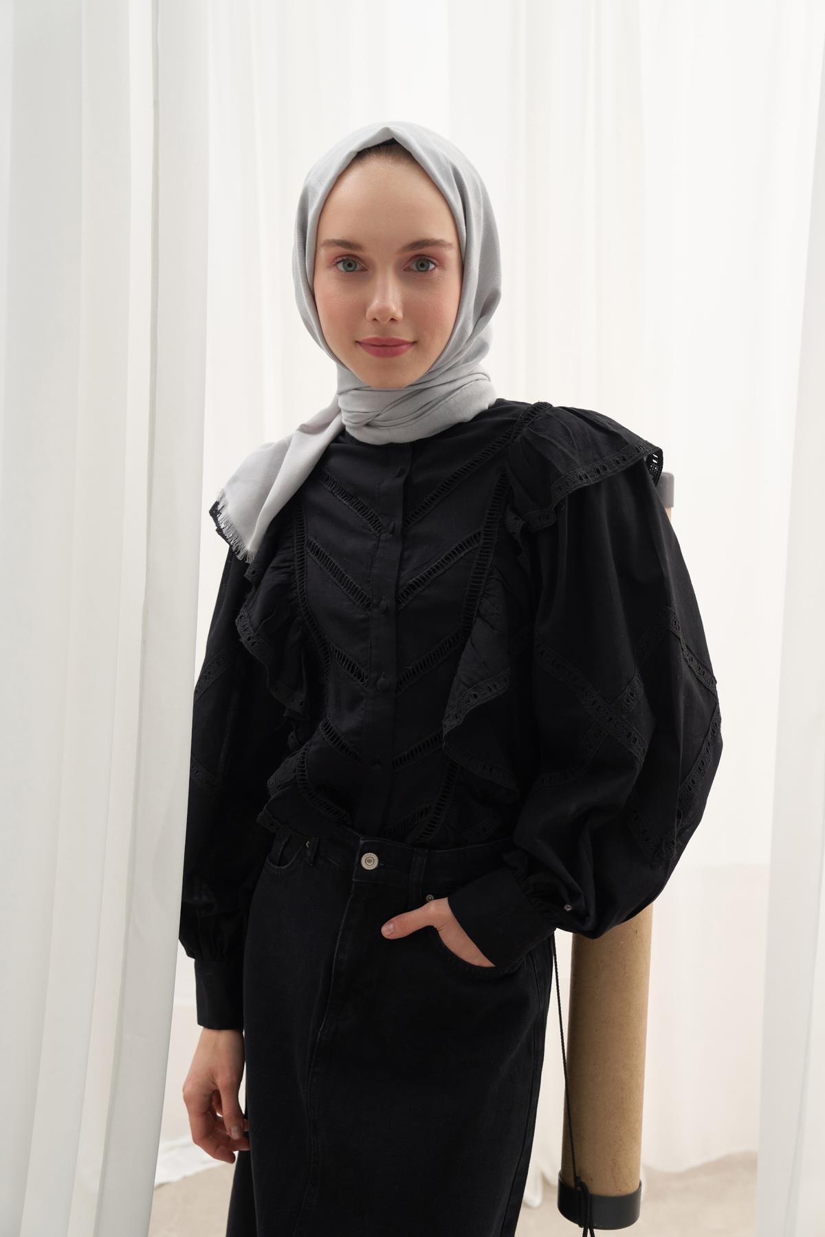 Vence Çift Taraflı Geometrik Desen İpek Şal Açık Gri