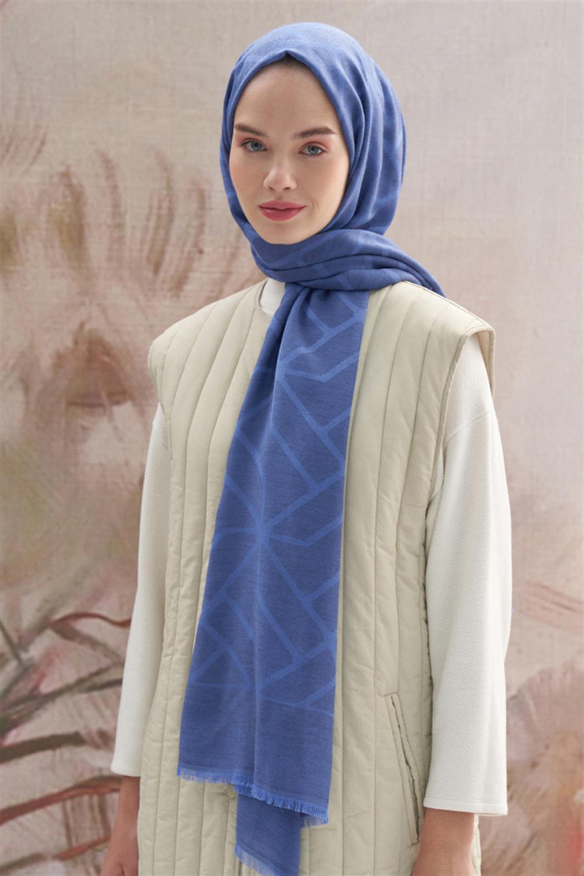 Vence Çift Taraflı Geometrik Desen İpek Şal İndigo