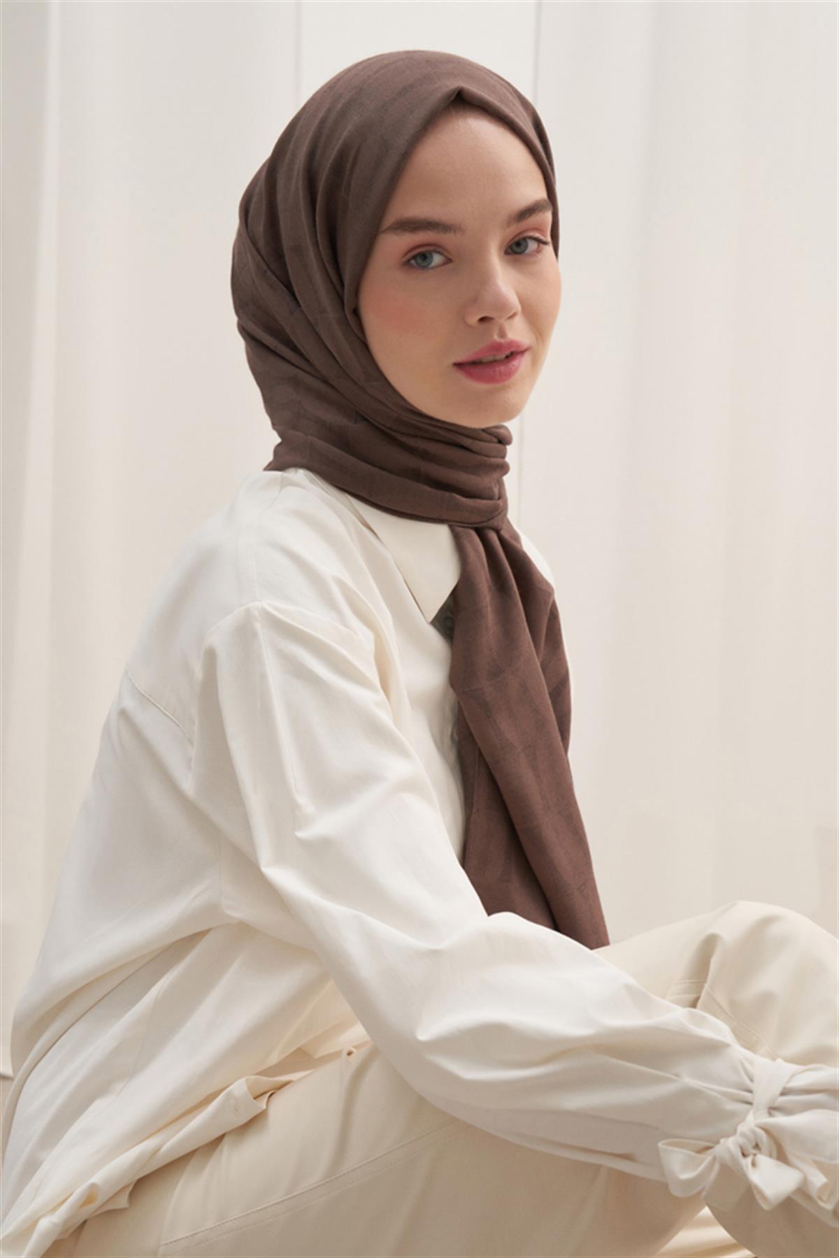 Vence Çift Taraflı Mio Desen İpek Şal Soft Kahve