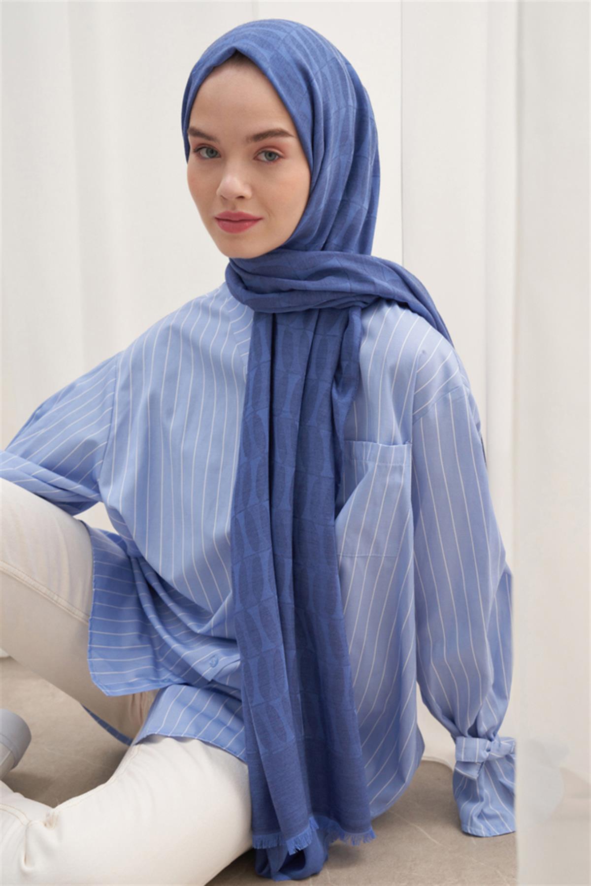 Vence Çift Taraflı Mio Desen İpek Şal İndigo