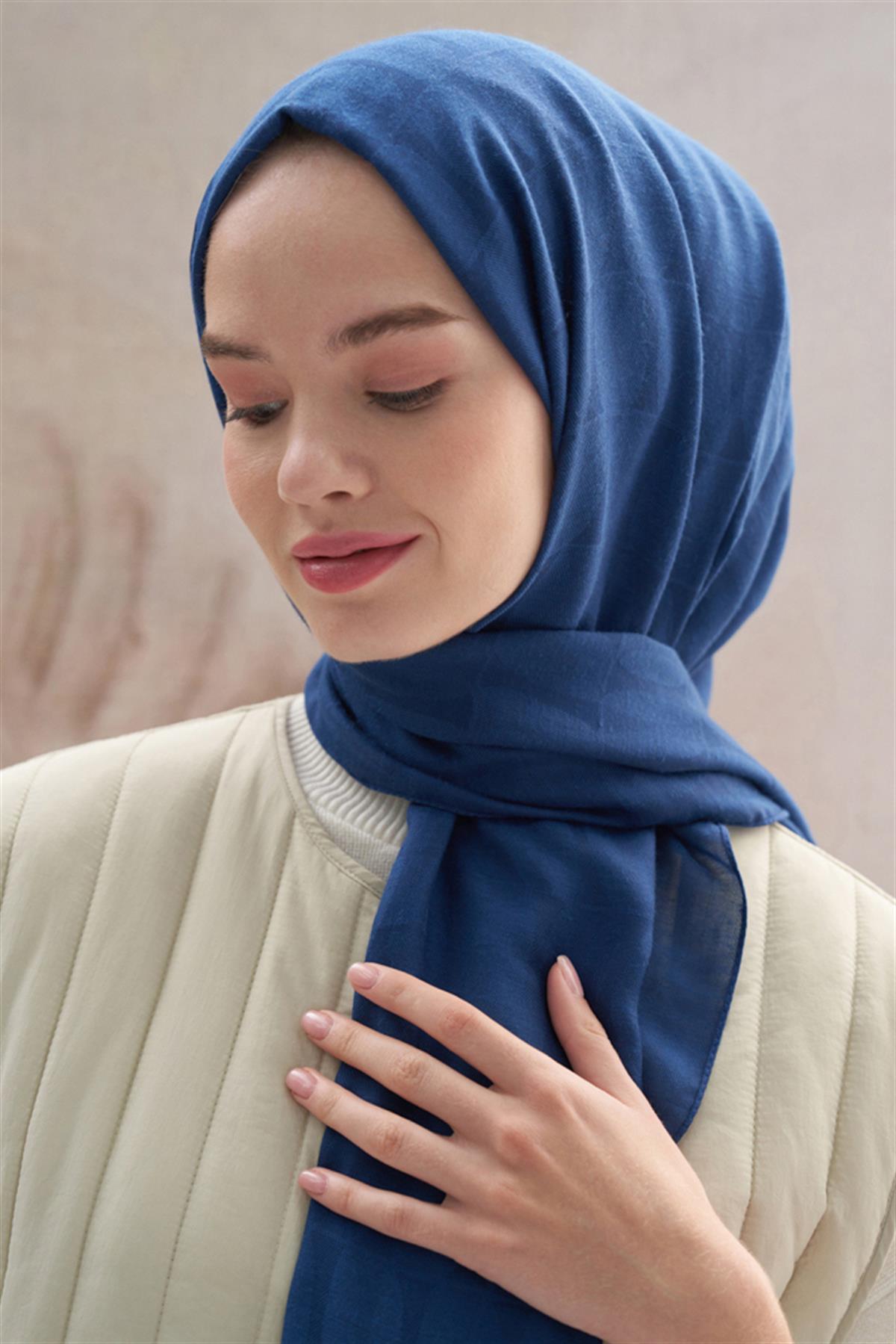 Vence Çift Taraflı Mio Desen İpek Şal Petrol Mavisi