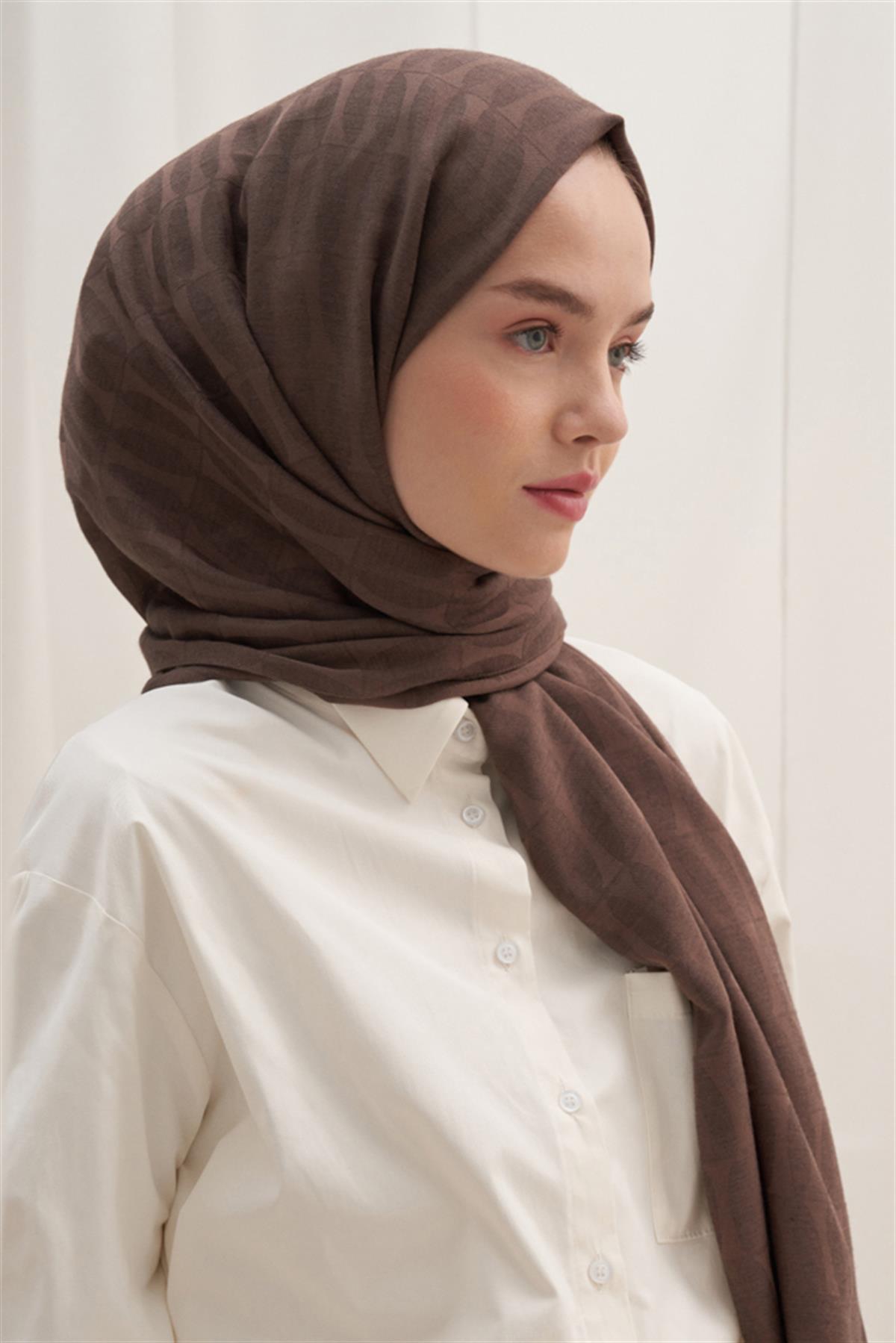 Vence Çift Taraflı Mio Desen İpek Şal Soft Kahve