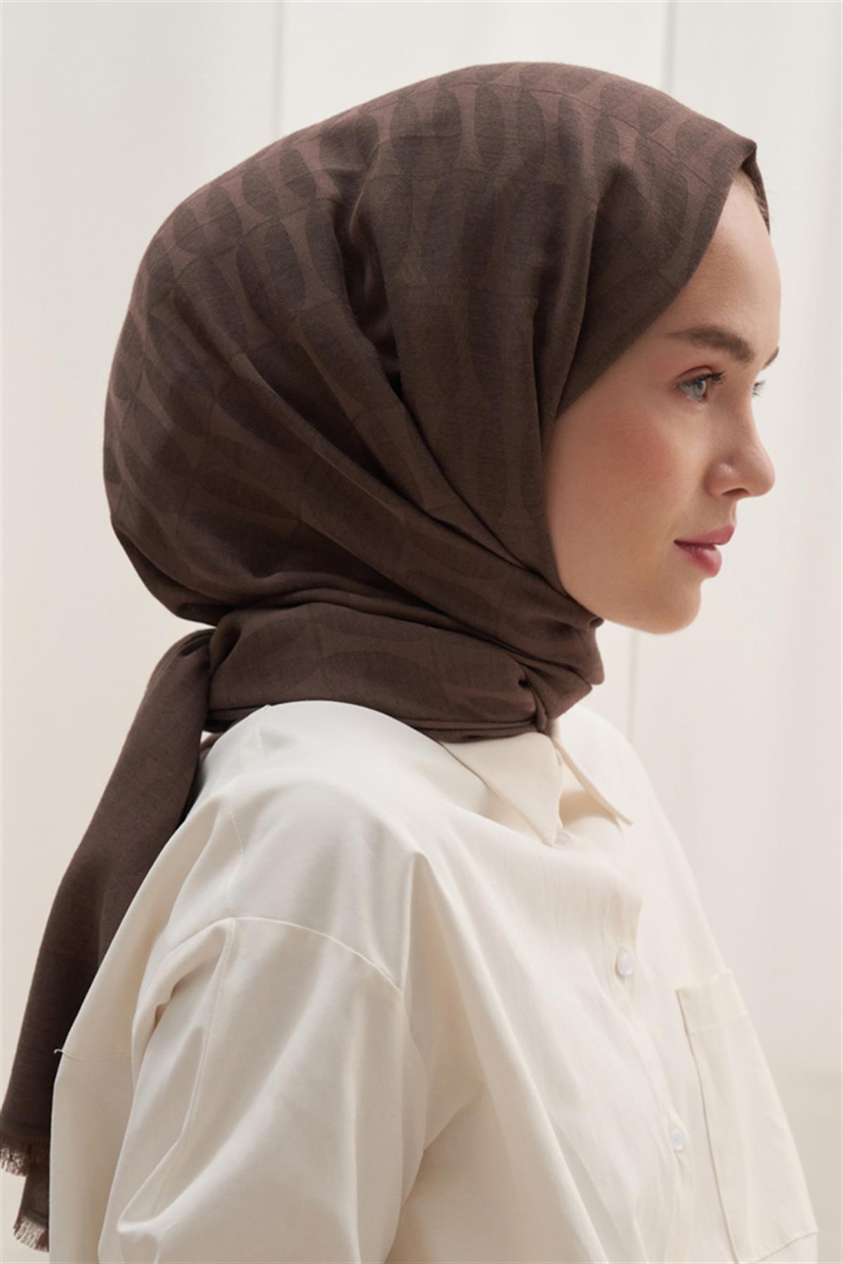 Vence Çift Taraflı Mio Desen İpek Şal Soft Kahve