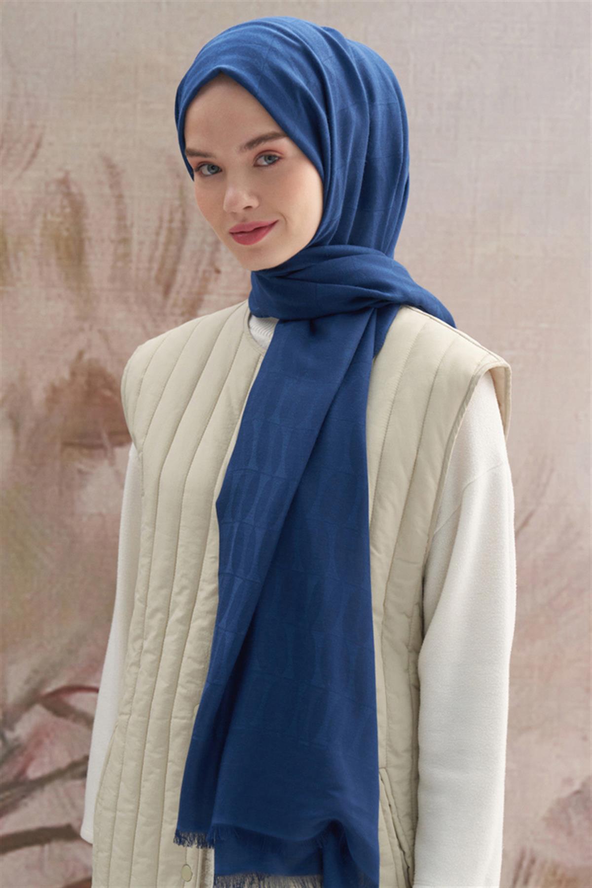 Vence Çift Taraflı Mio Desen İpek Şal Petrol Mavisi