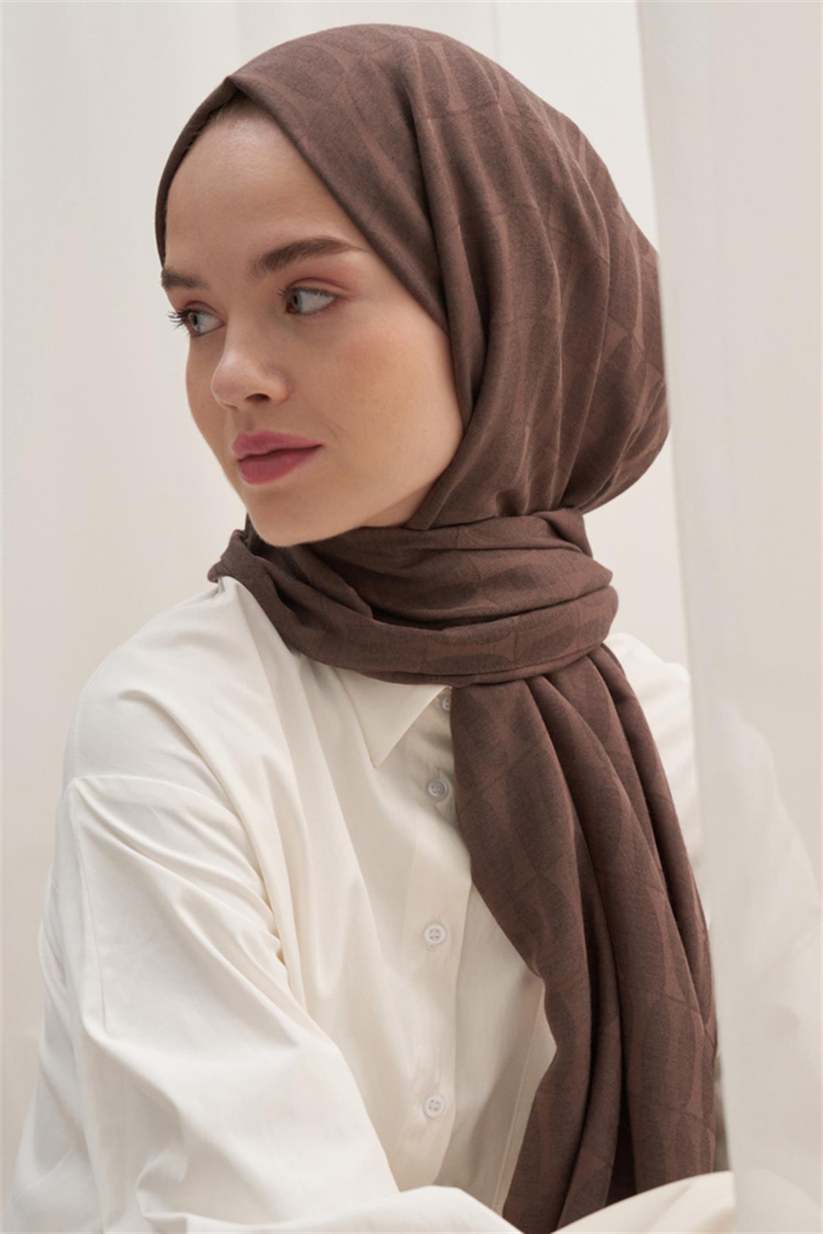 Vence Çift Taraflı Mio Desen İpek Şal Soft Kahve