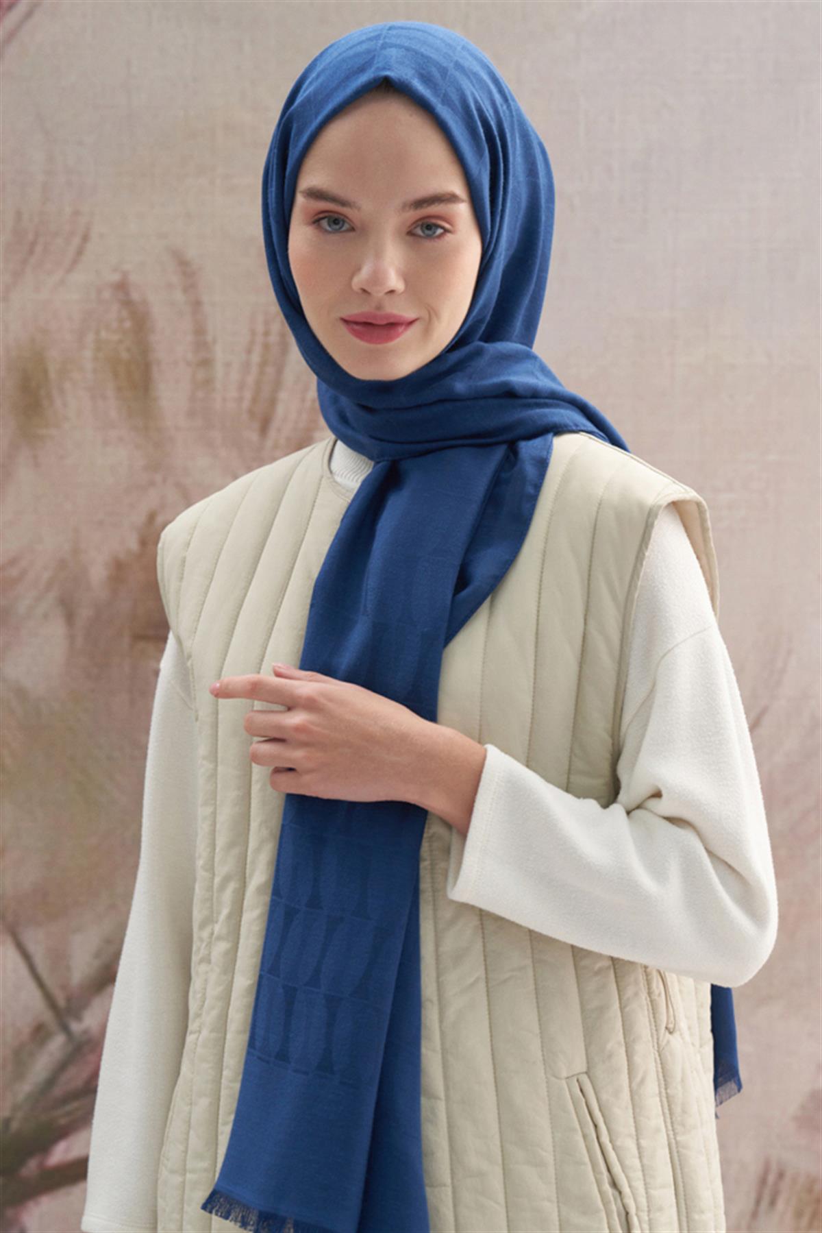 Vence Çift Taraflı Mio Desen İpek Şal Petrol Mavisi