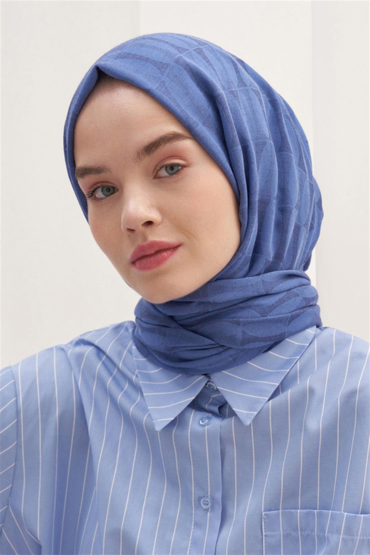 Vence Çift Taraflı Mio Desen İpek Şal İndigo