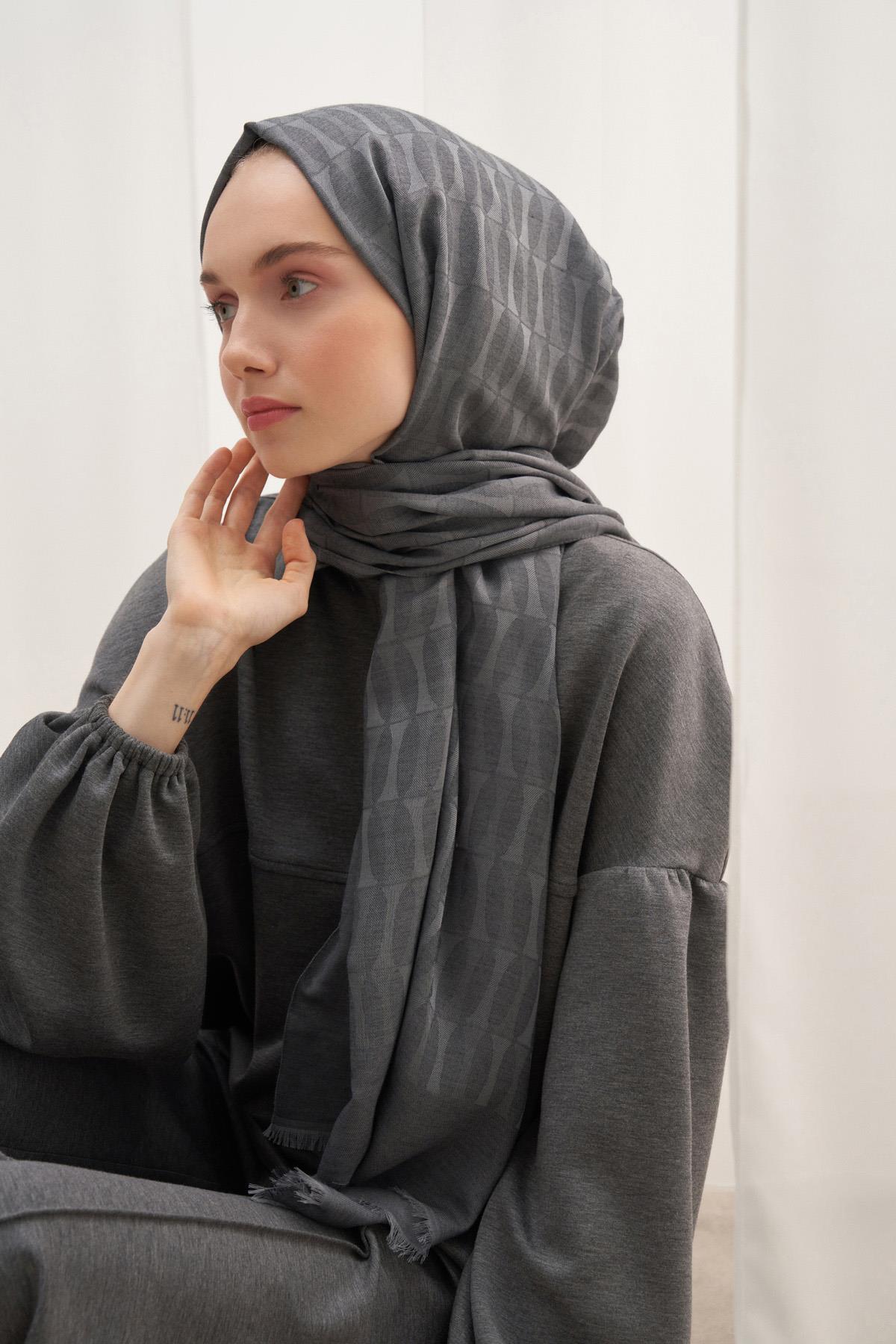 Vence Çift Taraflı Mio Desen İpek Şal Antrasit