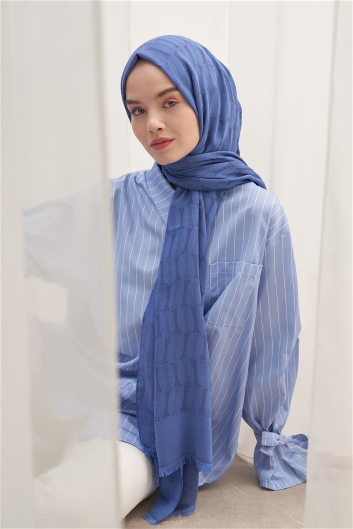 Vence Çift Taraflı Mio Desen İpek Şal İndigo