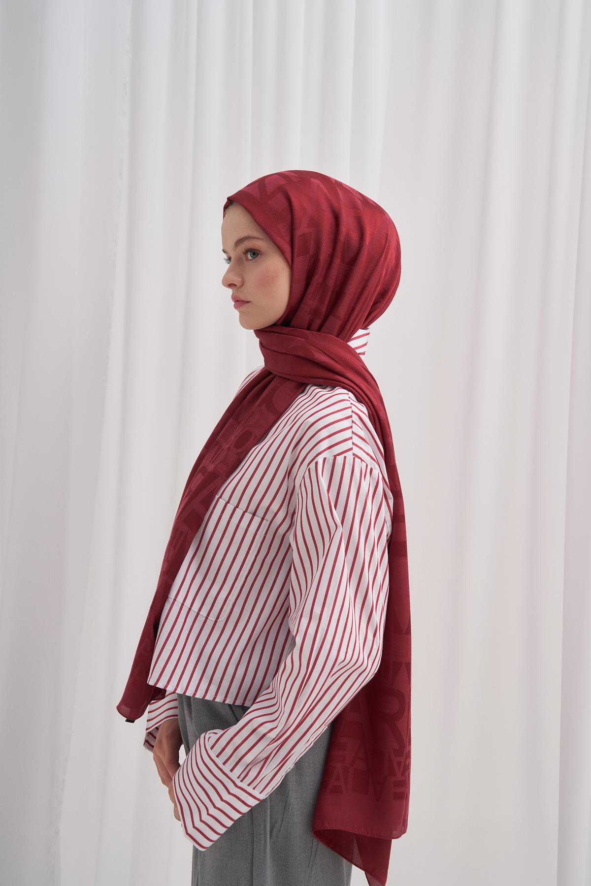 Yazı Desen Jakar İtalyan İpekli Şal Bordo