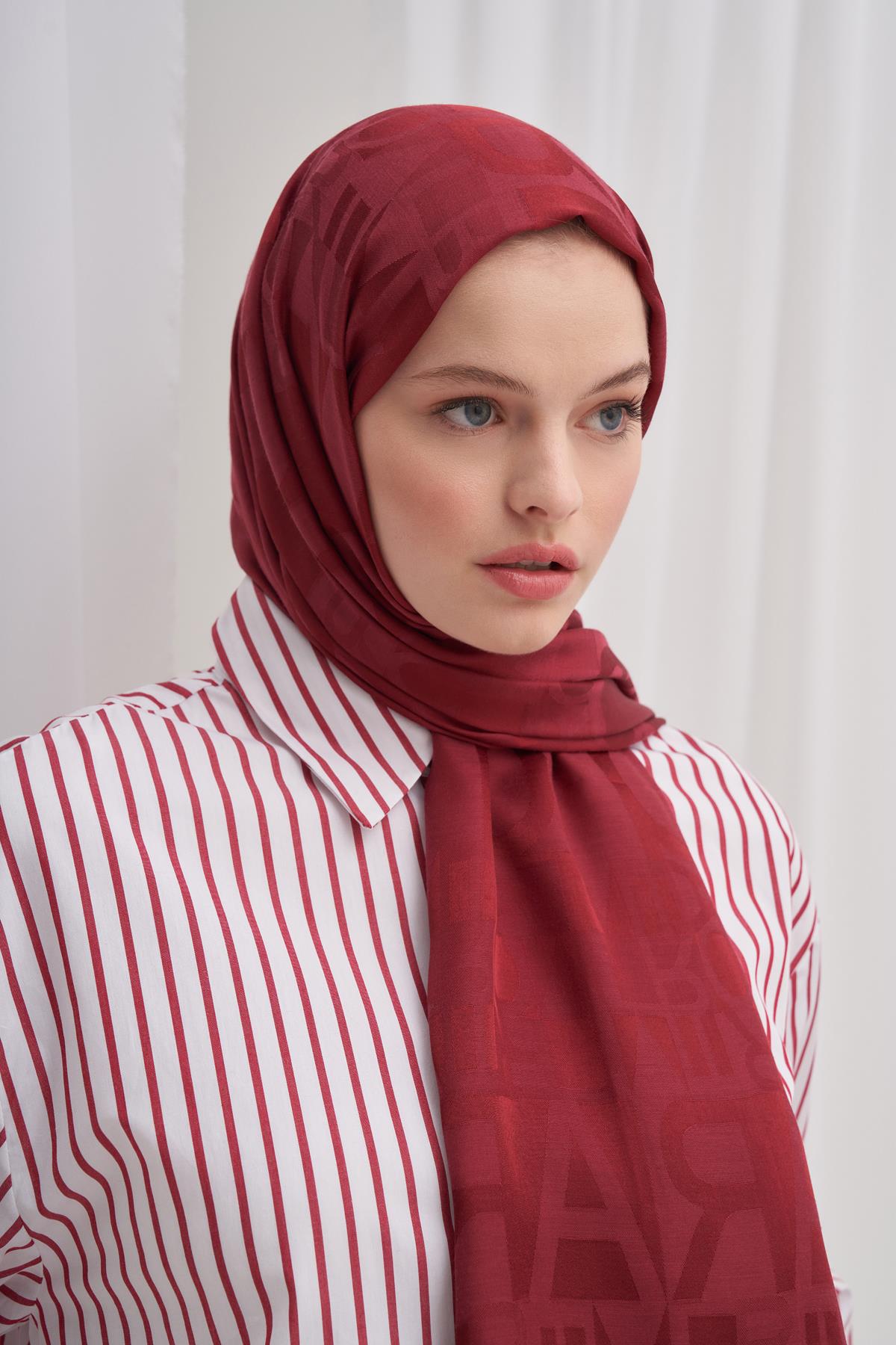 Yazı Desen Jakar İtalyan İpekli Şal Bordo