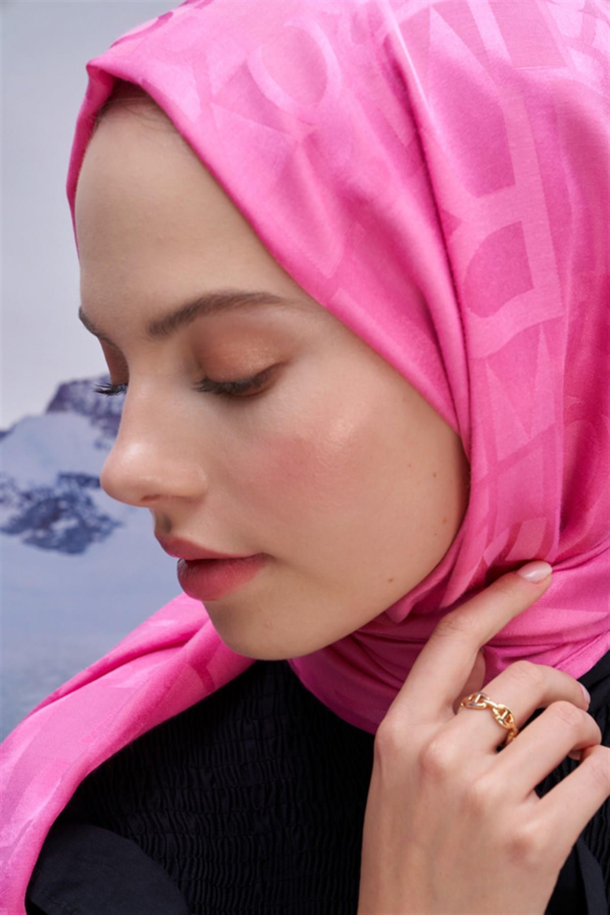 Yazı Desen Jakar İtalyan İpekli Şal Koyu Pembe