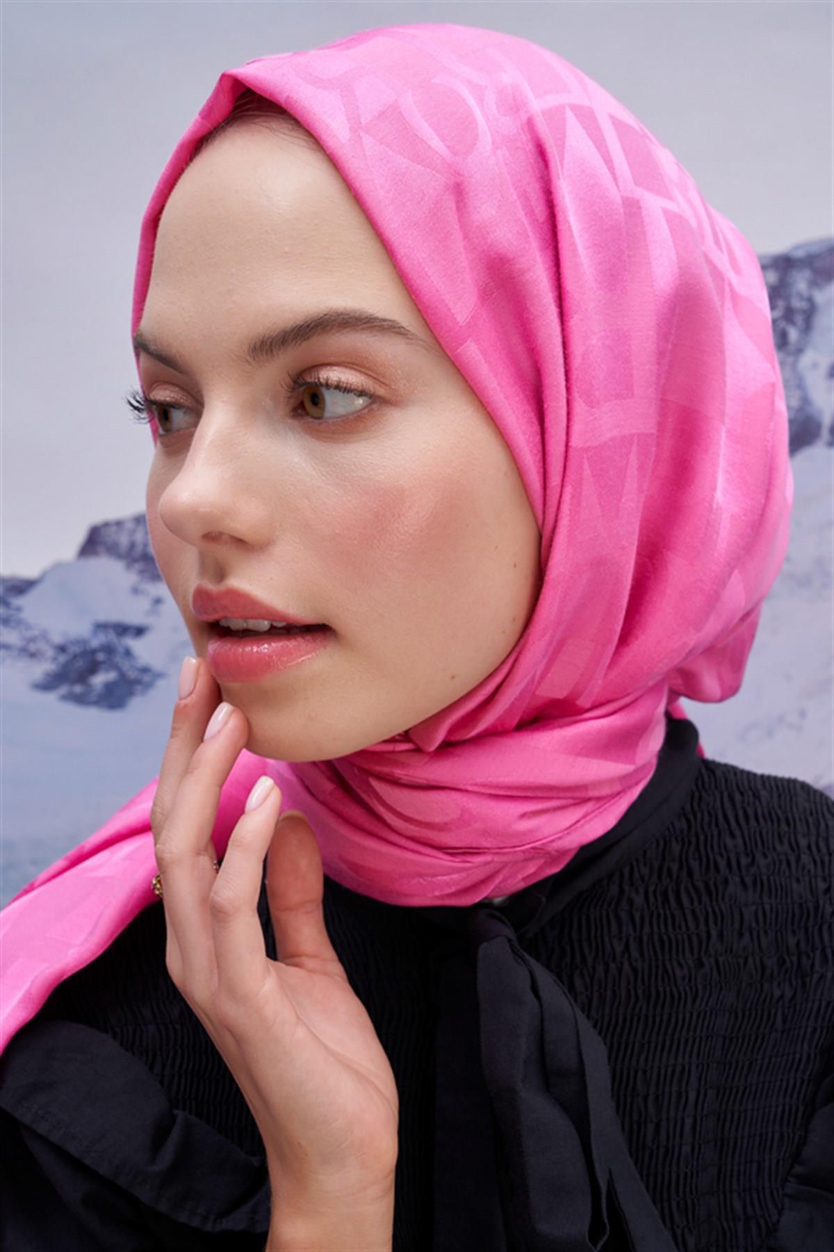 Yazı Desen Jakar İtalyan İpekli Şal Koyu Pembe