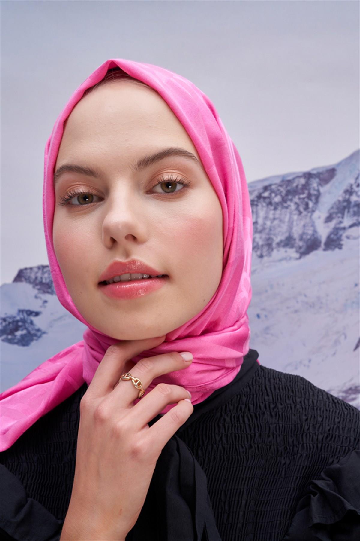 Yazı Desen Jakar İtalyan İpekli Şal Koyu Pembe