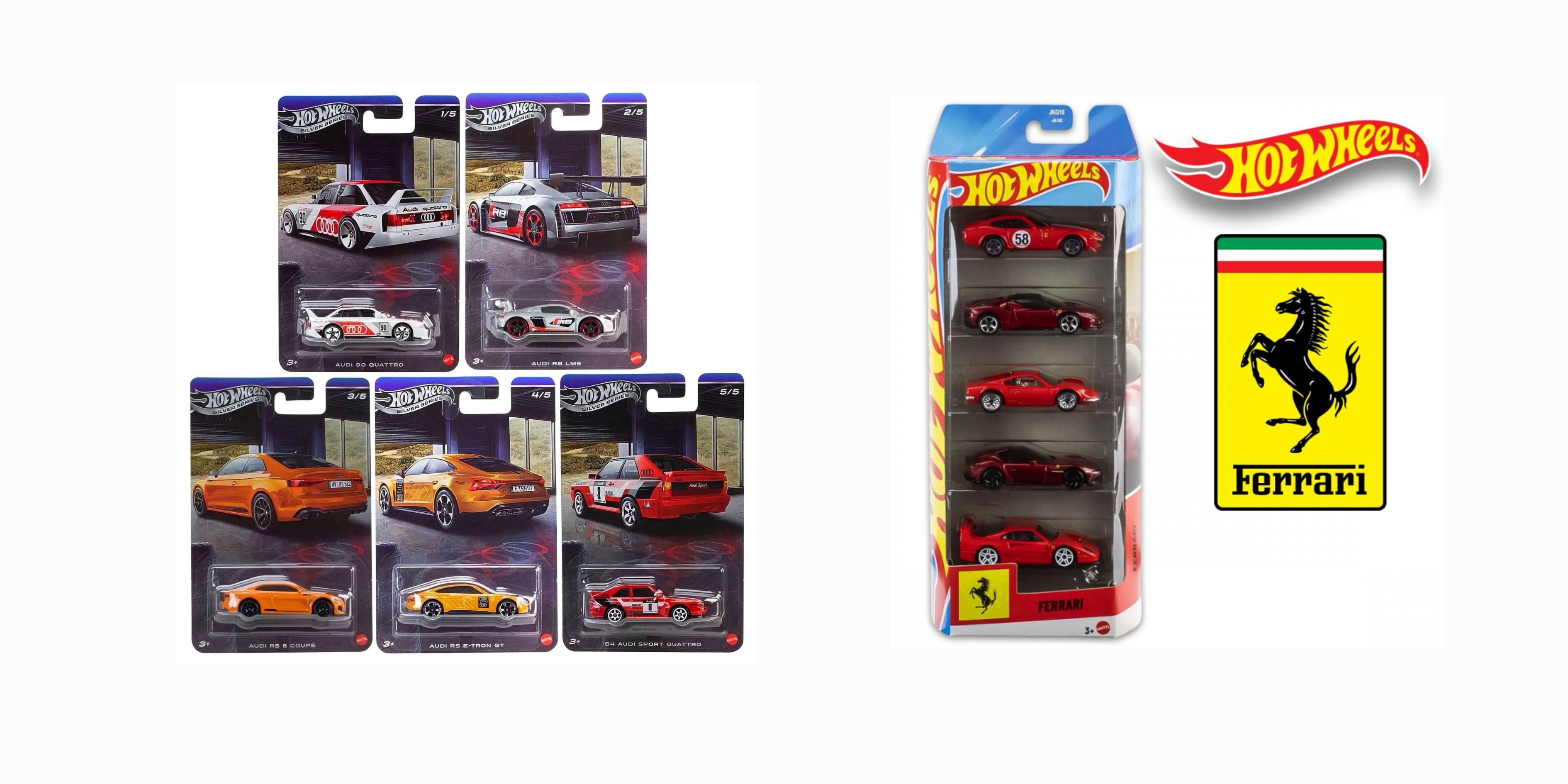 Hot Wheels Silver Series Audi Temalı Beşli Set + Ferrari Beşli Regular Araba Seti
