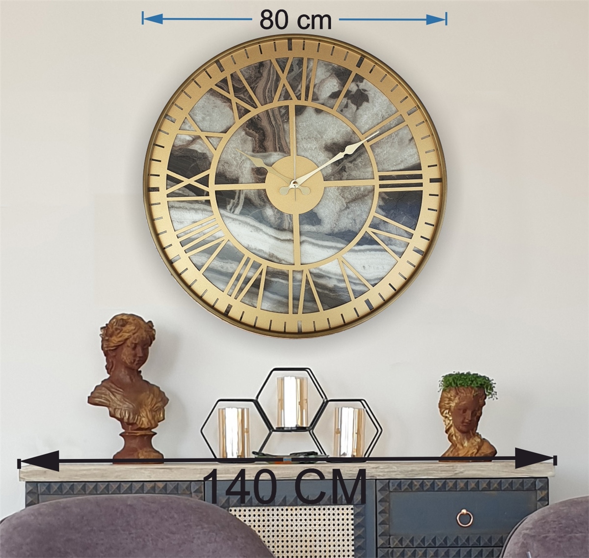 Markakanvas Altın(gold) Renkli Metal Kasalı Mermer Desenli  Duvar Saati  ( Çap 50 cm -Çap 80 cm )