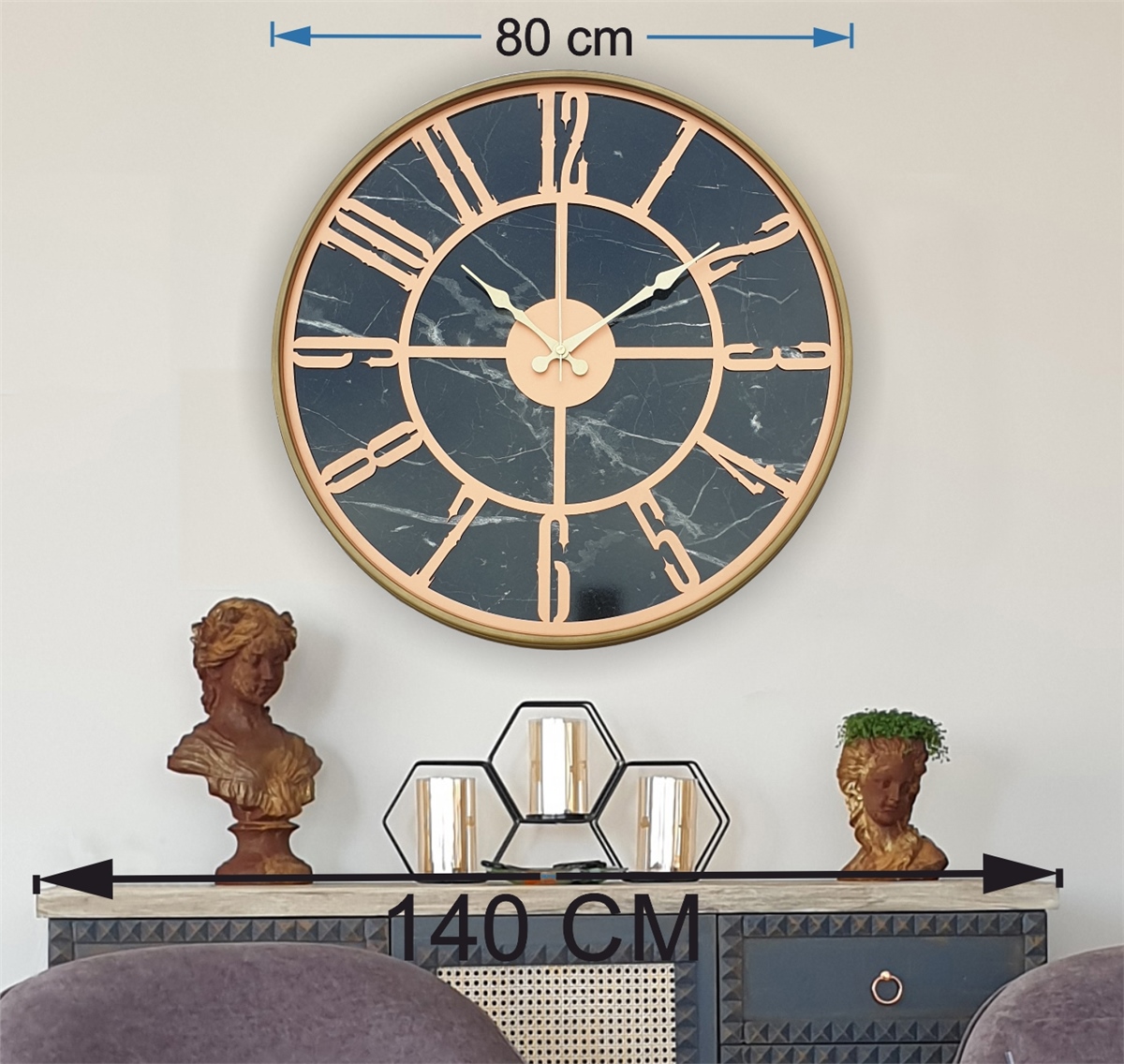 Markakanvas Altın(Gold) Renkli Metal Kasalı Mermer Desenli  Duvar Saati  ( Çap 50 cm -Çap 80 cm )