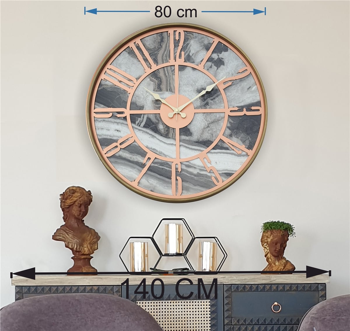 Markakanvas Altın(gold) Renkli Metal Kasalı Mermer Desenli  Duvar Saati  ( Çap 50 cm -Çap 80 cm )