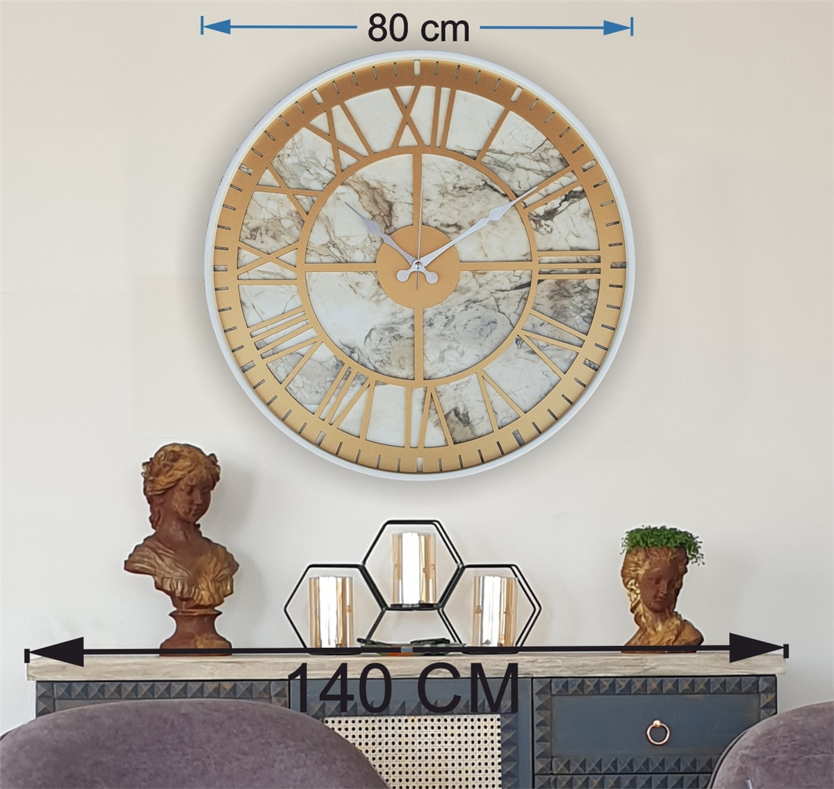Markakanvas Beyaz Metal Kasalı Mermer Desenli  Duvar Saati  ( Çap 50 cm -Çap 80 cm )