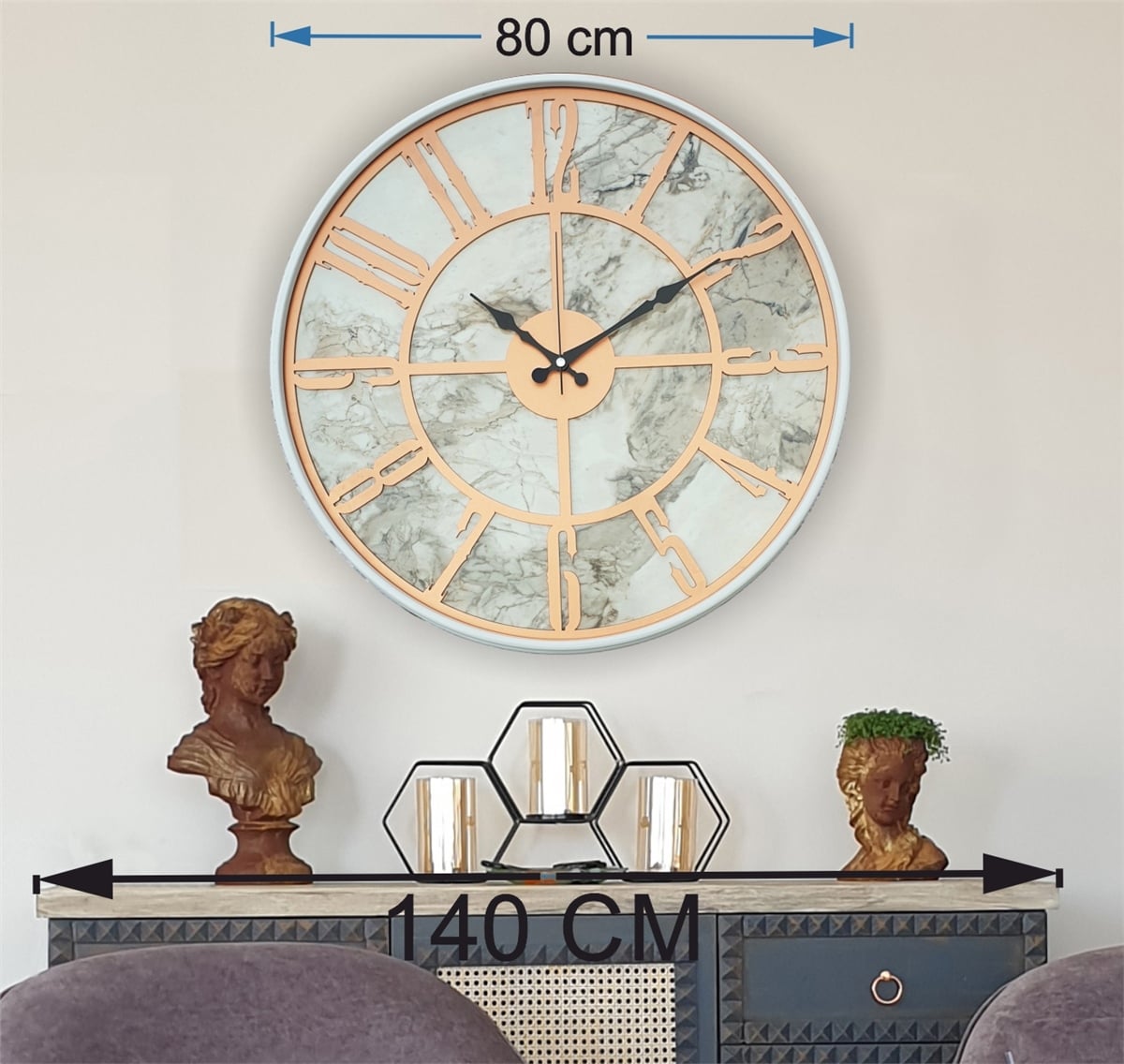 Markakanvas Beyaz Metal Kasalı Mermer Desenli  Duvar Saati  ( Çap 50 cm -Çap 80 cm )