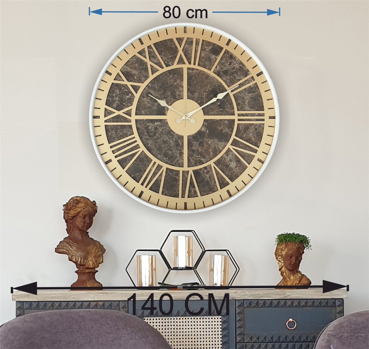 Markakanvas Beyaz Metal Kasalı Mermer Desenli  Duvar Saati  ( Çap 50 cm -Çap 80 cm )