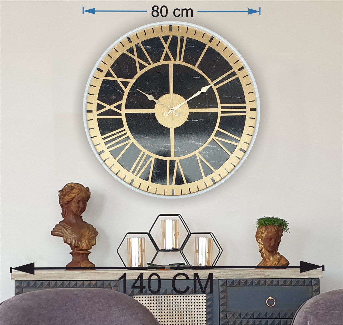 Markakanvas Beyaz Metal Kasalı Mermer Desenli  Duvar Saati  ( Çap 50 cm -Çap 80 cm )