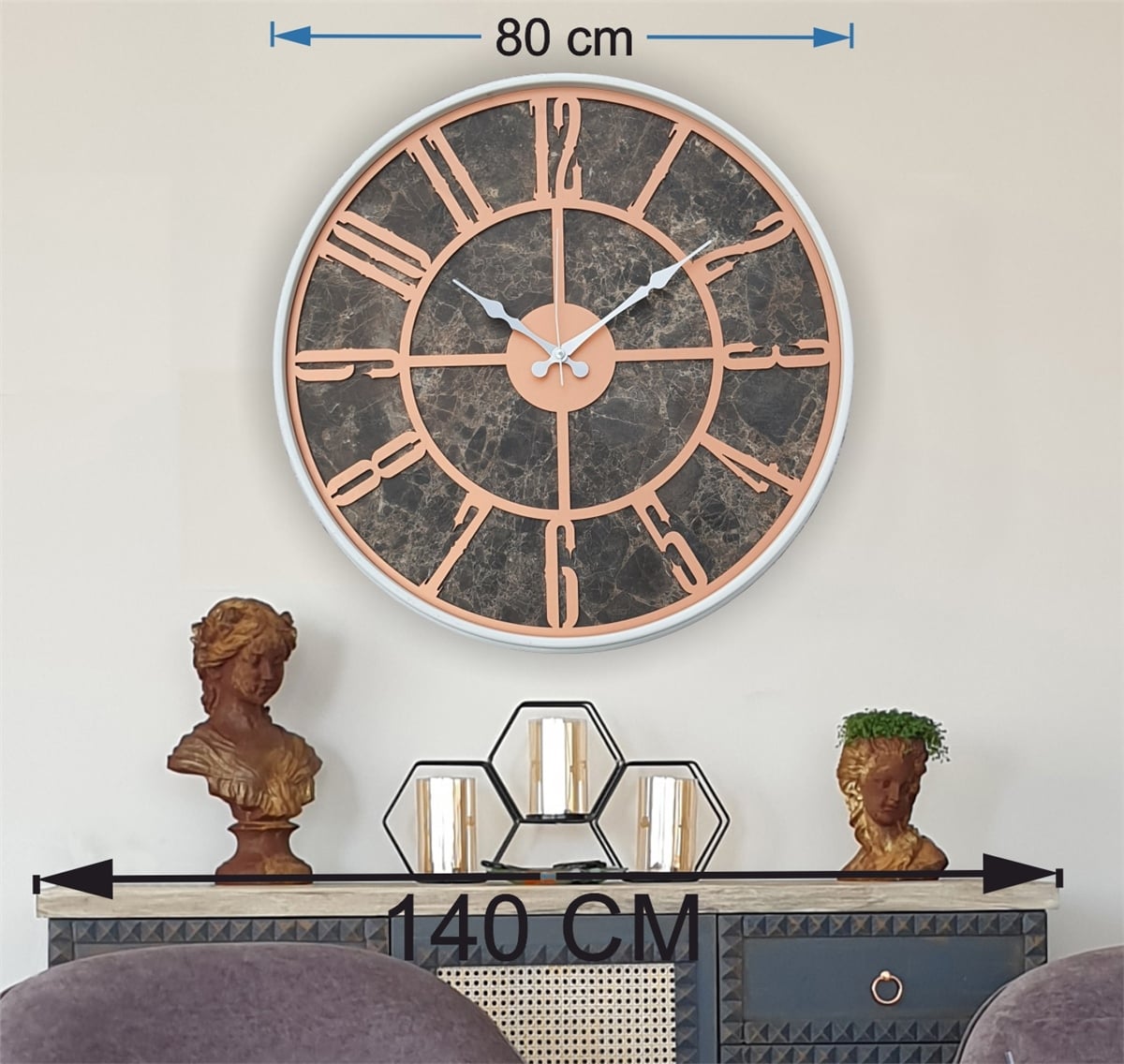Markakanvas Beyaz Metal Kasalı Mermer Desenli  Duvar Saati  ( Çap 50 cm -Çap 80 cm )