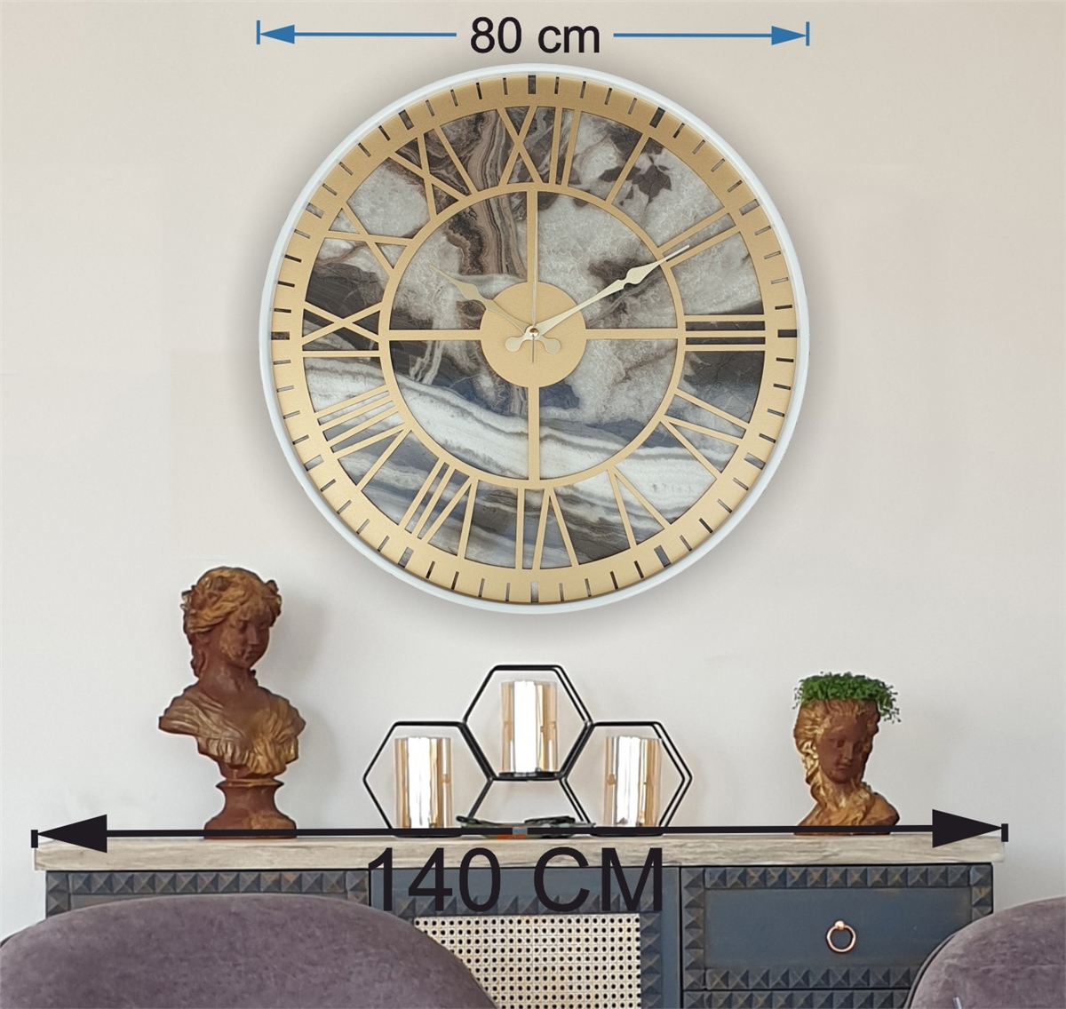 Markakanvas Beyaz Metal Kasalı Mermer Desenli  Duvar Saati  ( Çap 50 cm -Çap 80 cm )