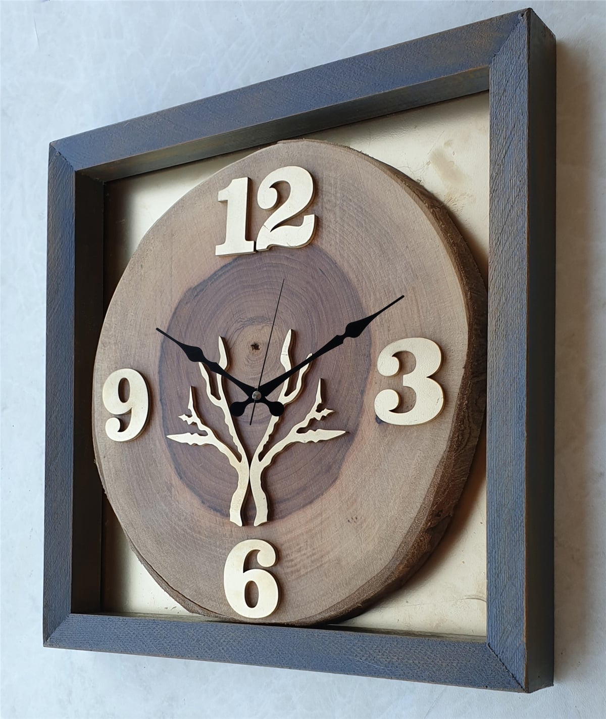 Markakanvas Doğal, Masif Eskitme Ahşap Çerçeveli,  Ceviz Ağacı Kare DUVAR , MASA Saati 30x30 cm