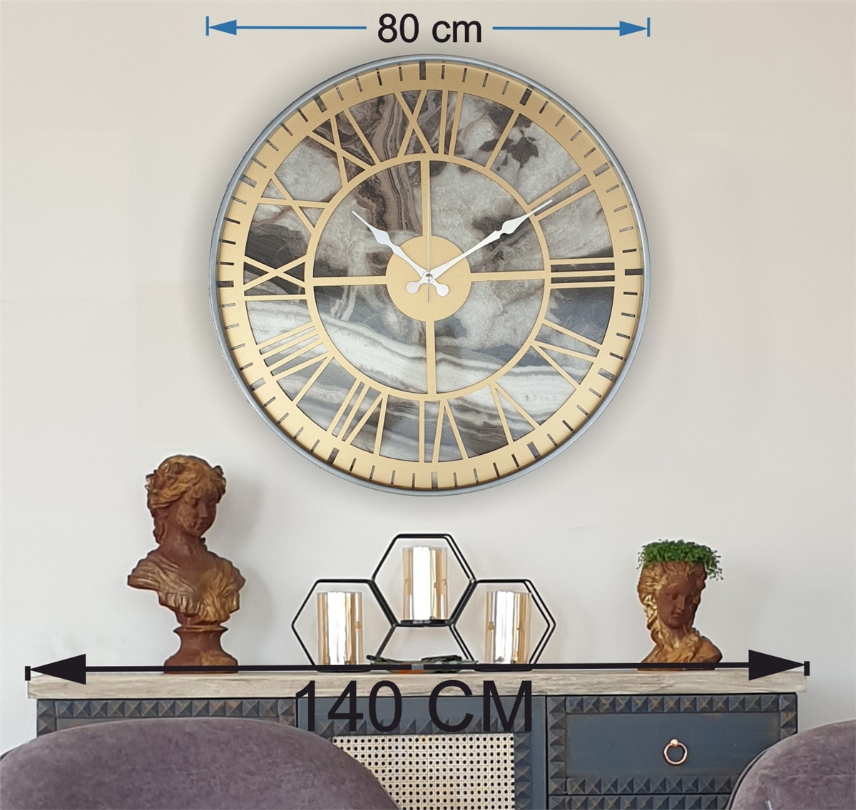 Markakanvas Gri  Metal Kasalı Mermer Desenli  Duvar Saati  ( Çap 50 cm -Çap 80 cm )