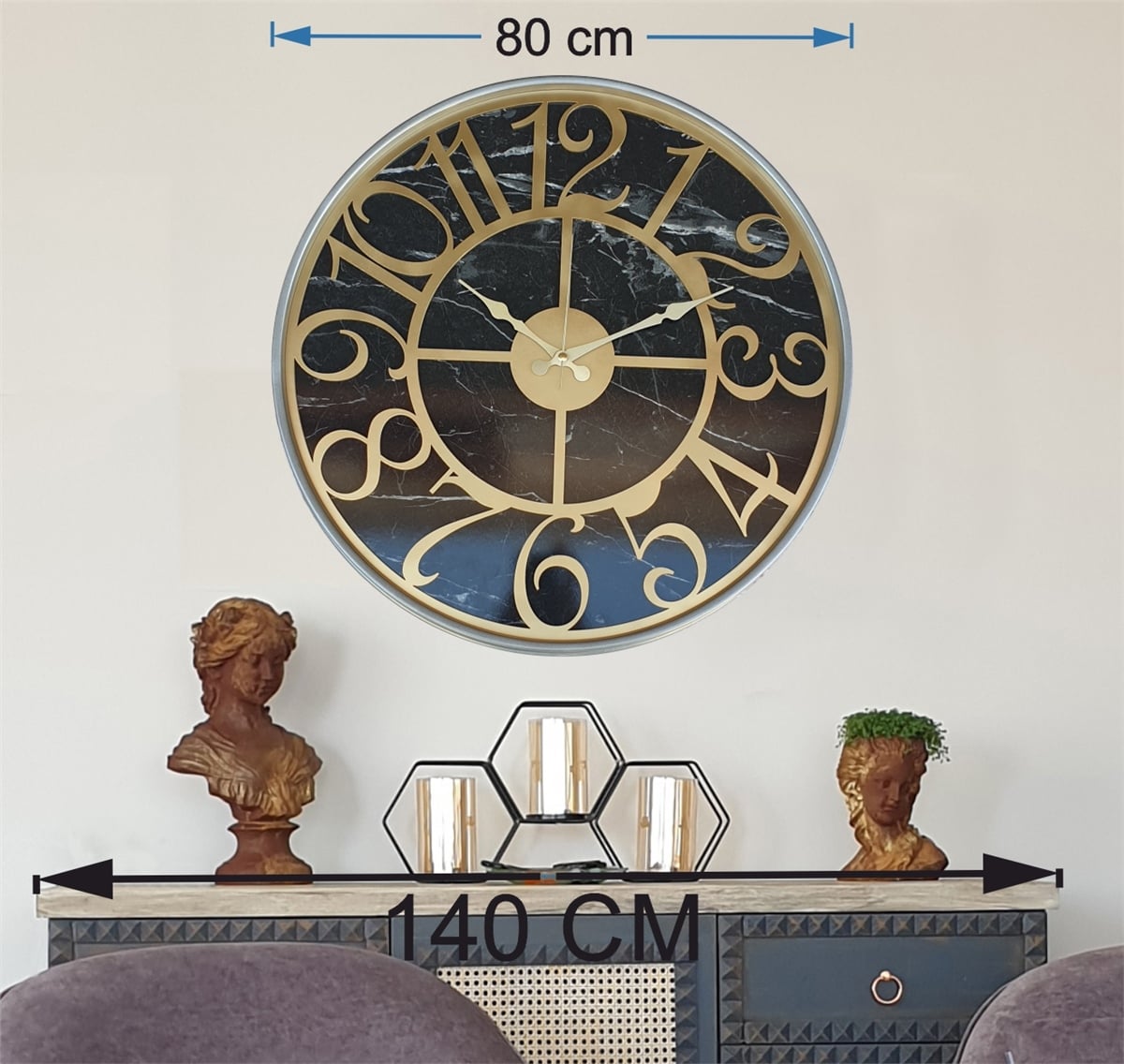 Markakanvas Gri  Metal Kasalı Mermer Desenli  Duvar Saati  ( Çap 50 cm -Çap 80 cm )