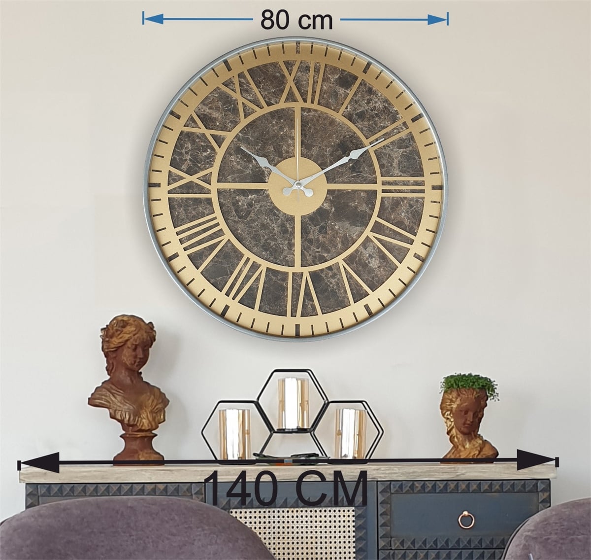 Markakanvas Gri  Metal Kasalı Mermer Desenli  Duvar Saati  ( Çap 50 cm -Çap 80 cm )