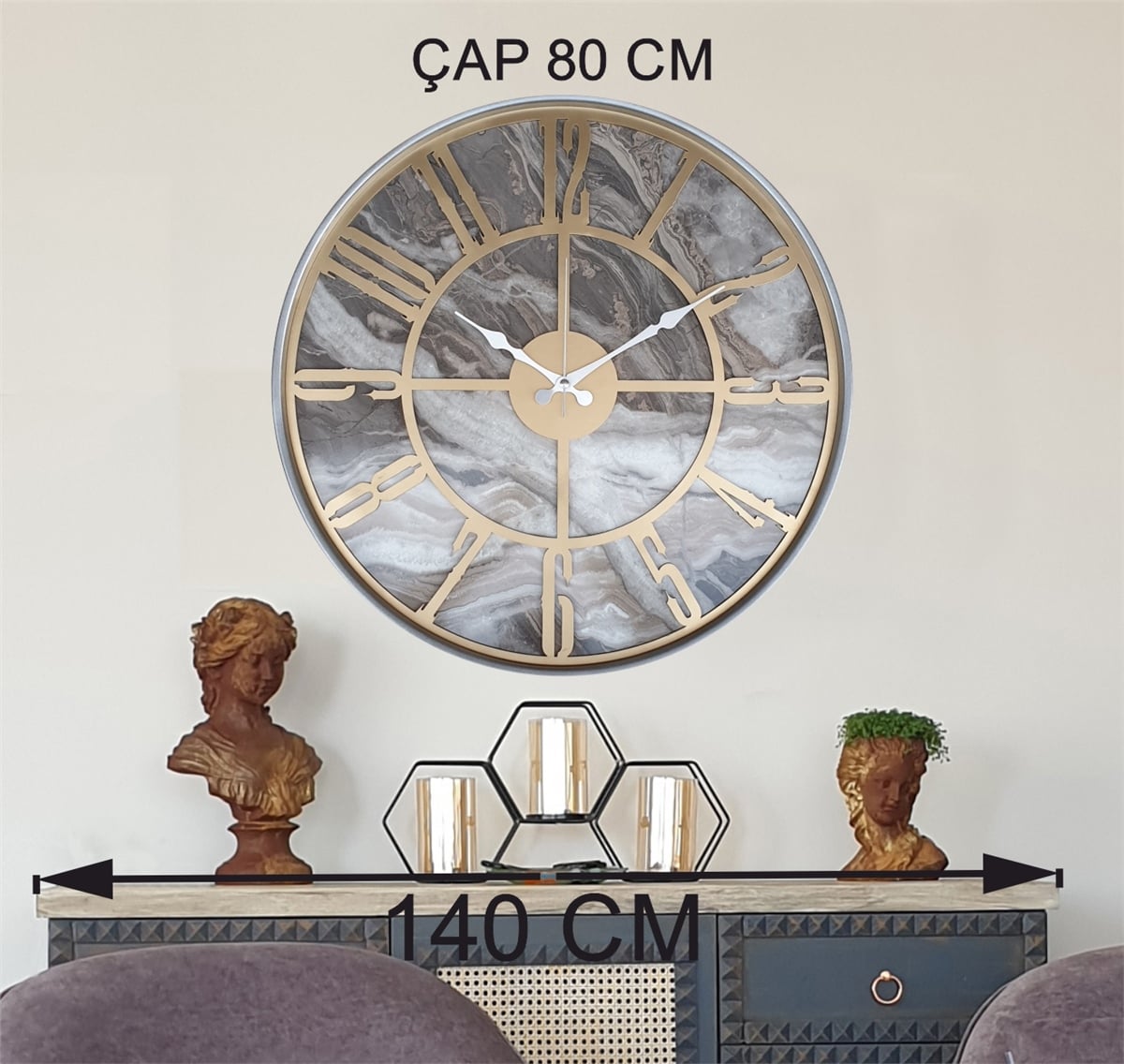 Markakanvas Gri  Metal Kasalı Mermer Desenli  Duvar Saati  ( Çap 50 cm -Çap 80 cm )