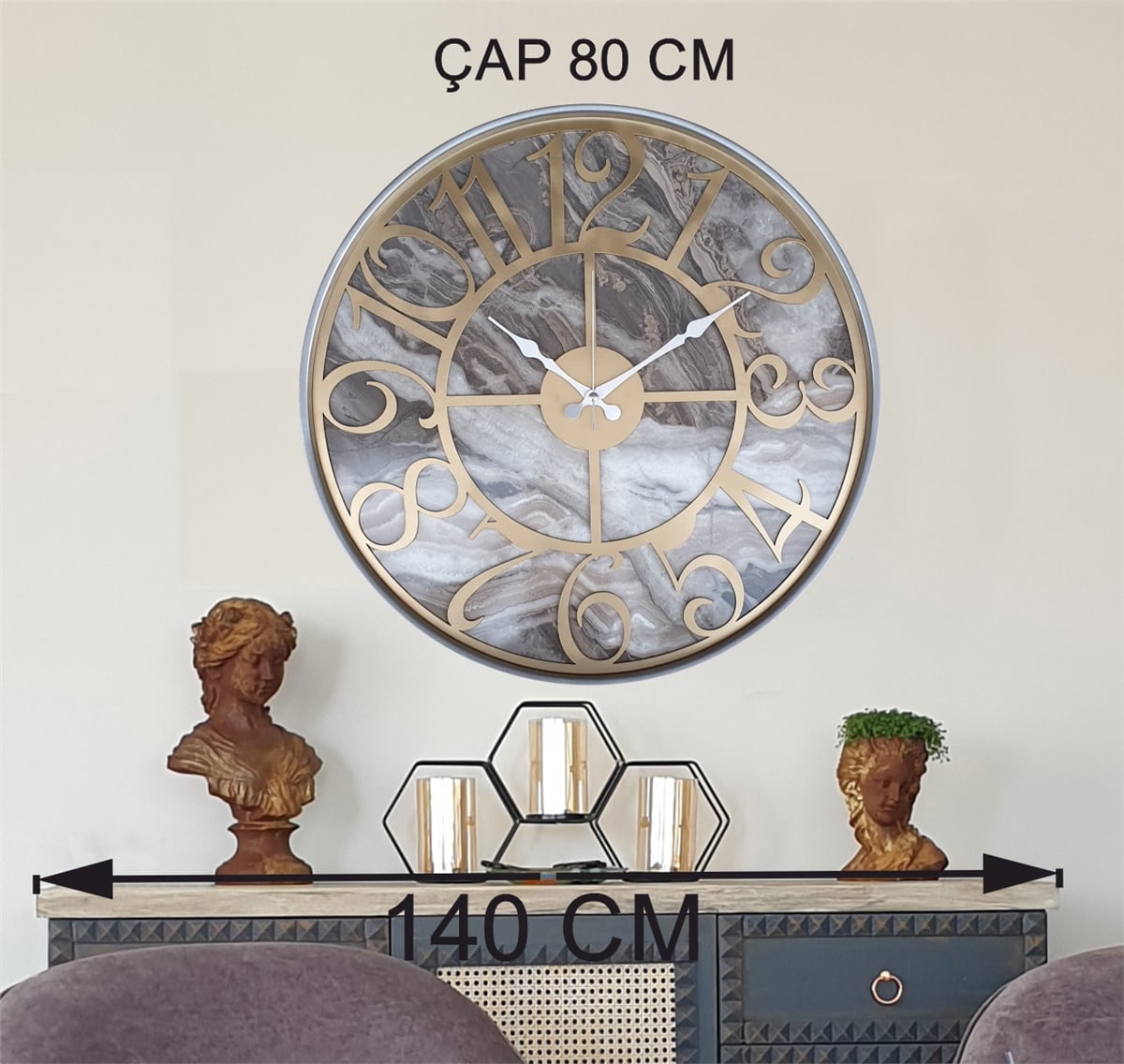 Markakanvas Gri  Metal Kasalı Mermer Desenli  Duvar Saati  ( Çap 50 cm -Çap 80 cm )
