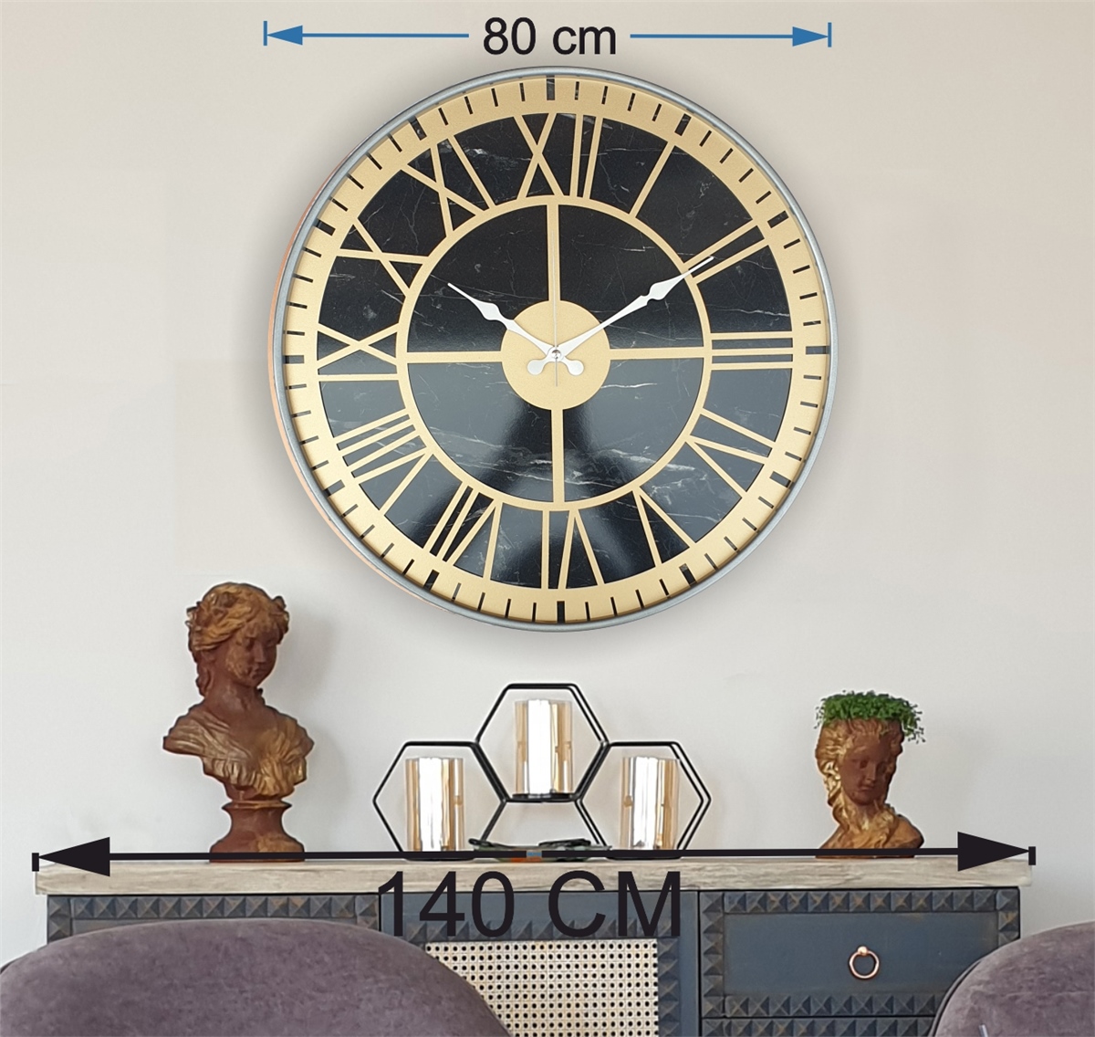 Markakanvas Gri  Metal Kasalı Mermer Desenli  Duvar Saati  ( Çap 50 cm -Çap 80 cm )