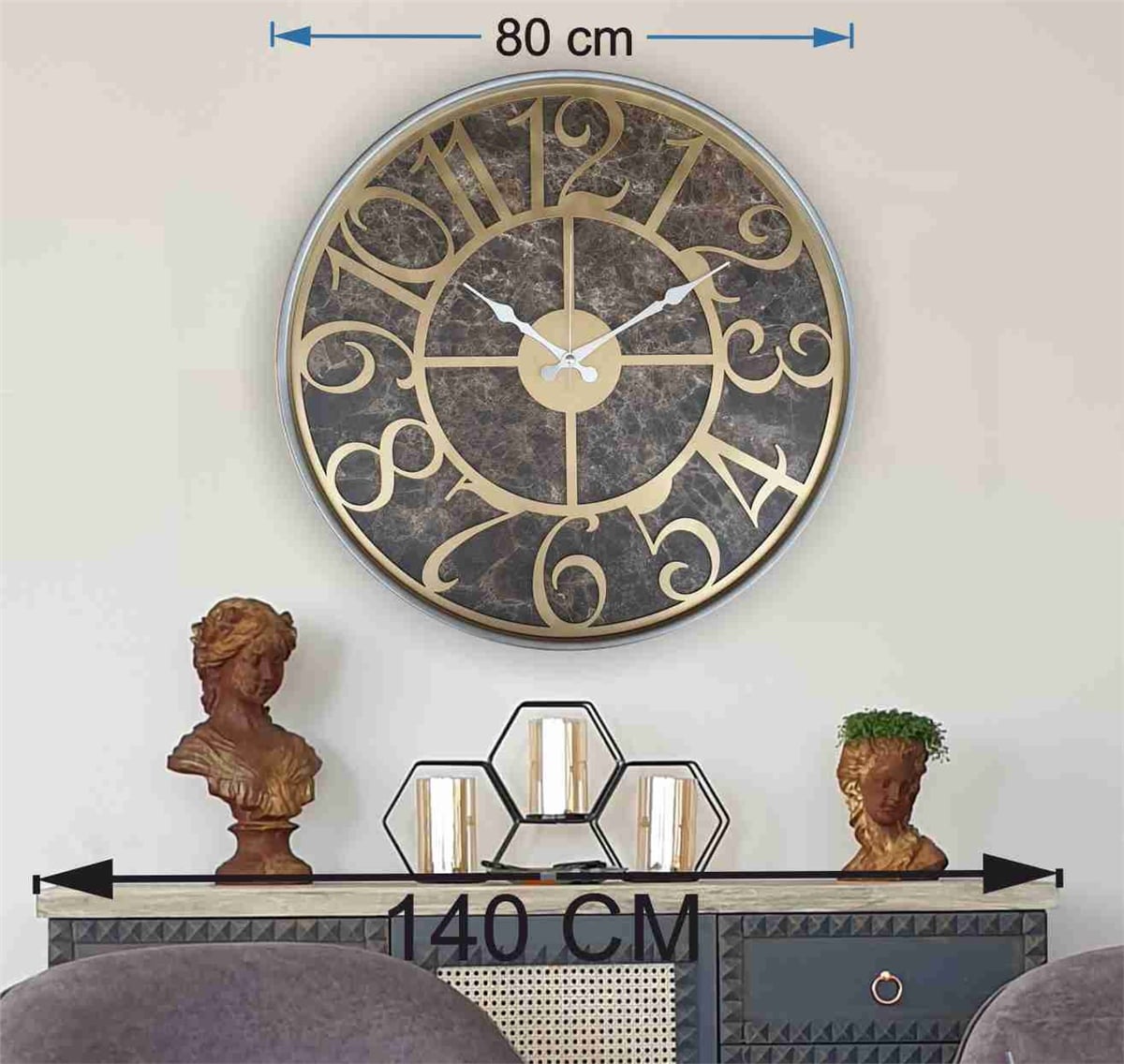 Markakanvas Gri  Metal Kasalı Mermer Desenli  Duvar Saati  ( Çap 50 cm -Çap 80 cm )