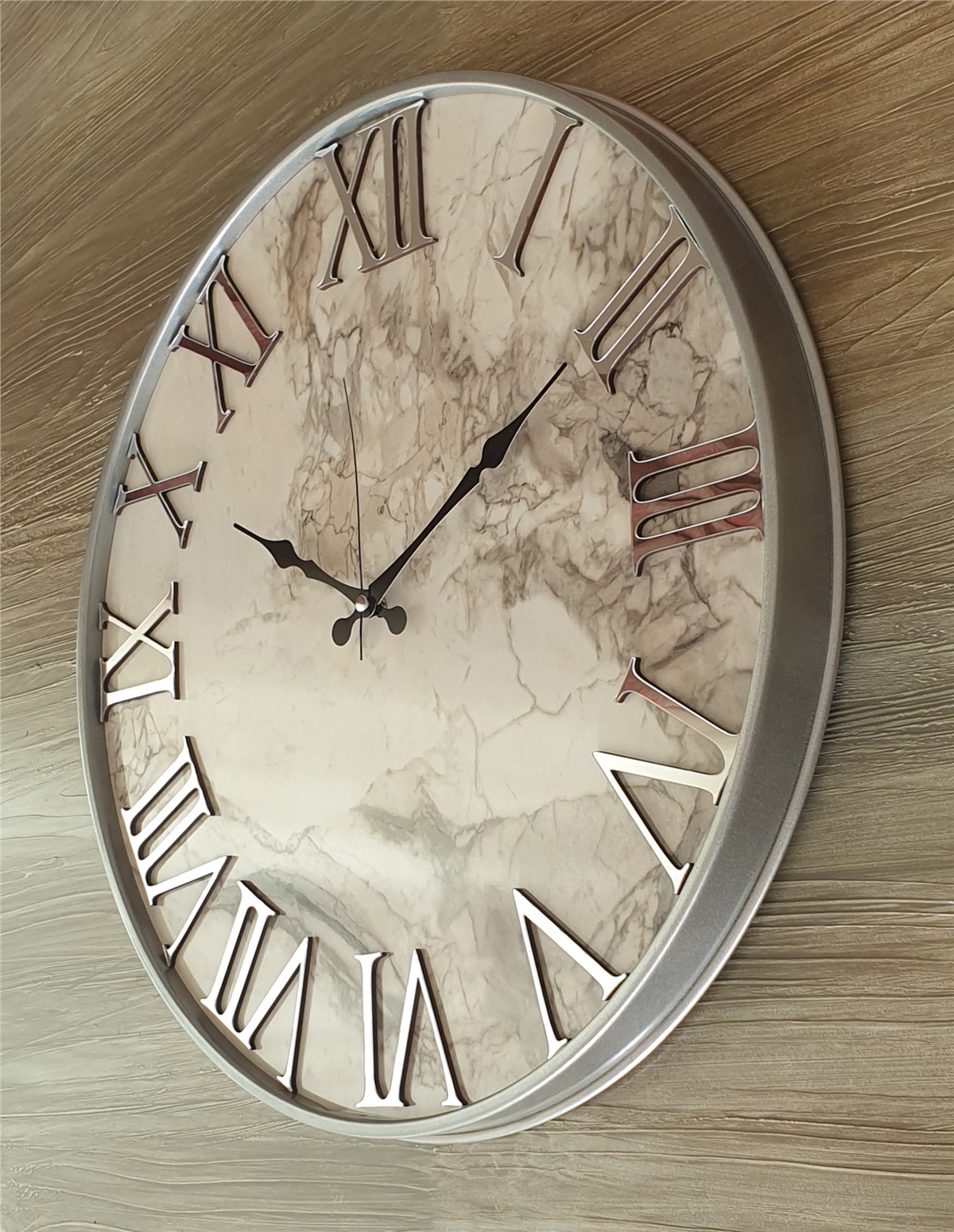 Markakanvas Gri Metal Kasalı Mermer Desenli Ayna Rakamlı Duvar Saati   ( Çap  50 cm - 80cm )