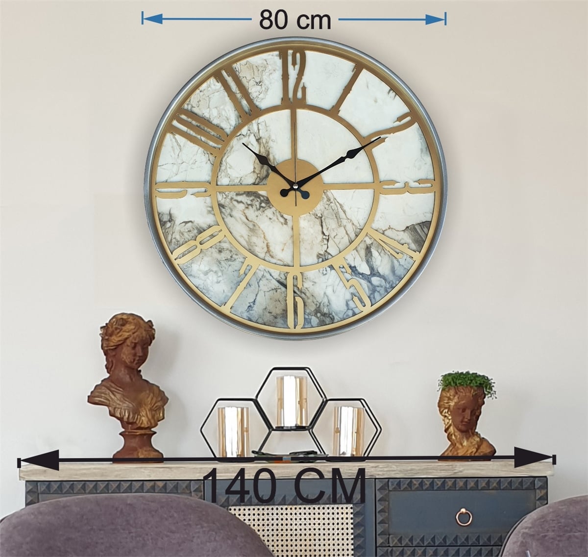 Markakanvas Gri Metal Kasalı Mermer Desenli  Duvar Saati  ( Çap 50 cm -Çap 80 cm )