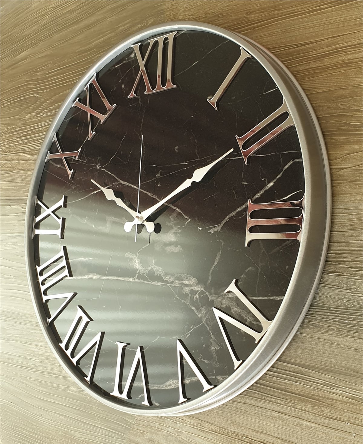 Markakanvas Gri Metal Kasalı Mermer Desenli Ayna Rakamlı Duvar Saati   ( Çap  50 cm - 80cm )