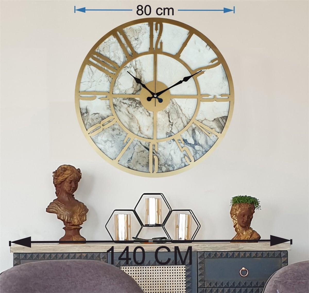 Markakanvas Mermer Desenli  Duvar Saati  Çap 50 cm-Çap 80 cm