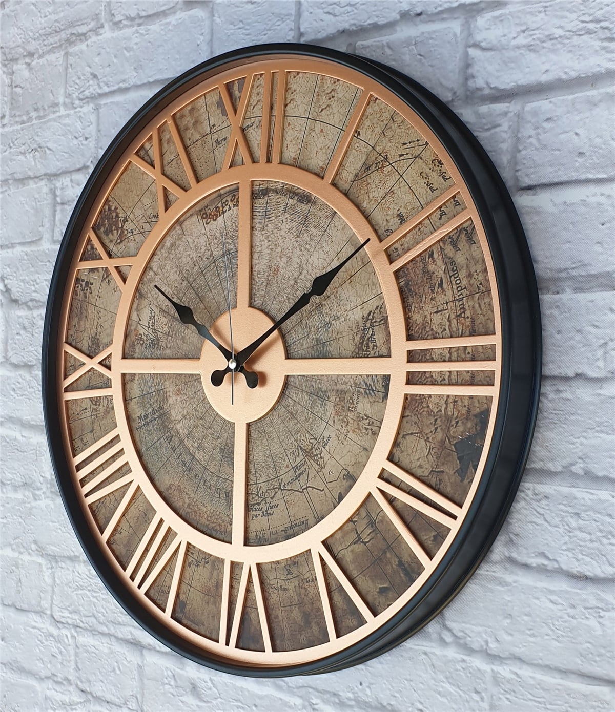 Markakanvas Siyah Metal Kasalı Eski Dünya Haritalı Duvar Saati  (Çap 50 cm - 80 cm )