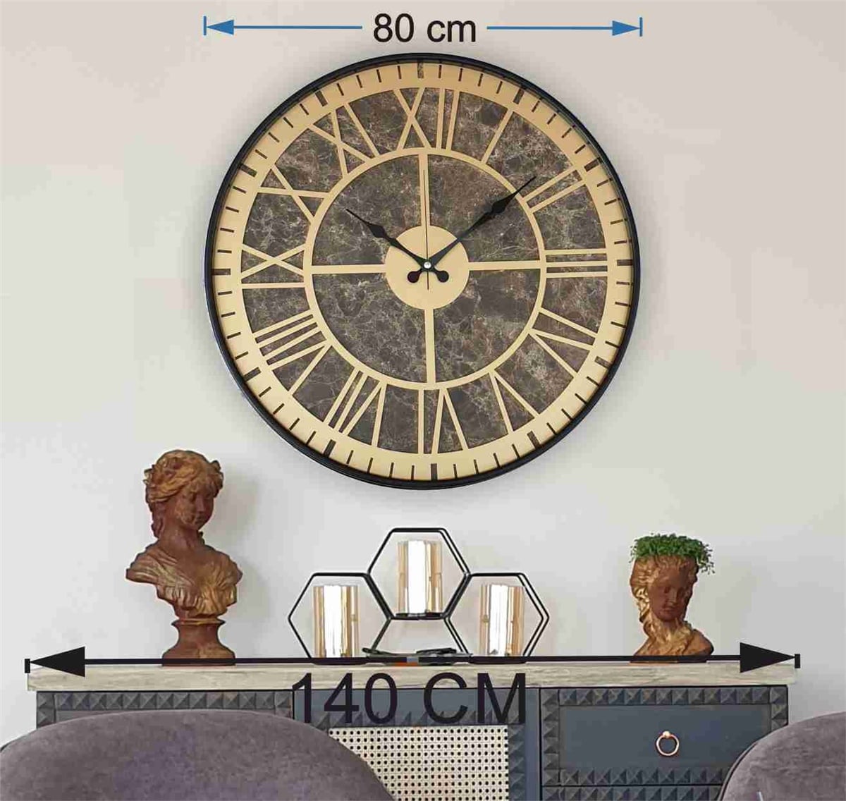 Markakanvas Siyah Metal Kasalı Mermer Desenli  Duvar Saati  ( Çap 50 cm -Çap 80 cm )