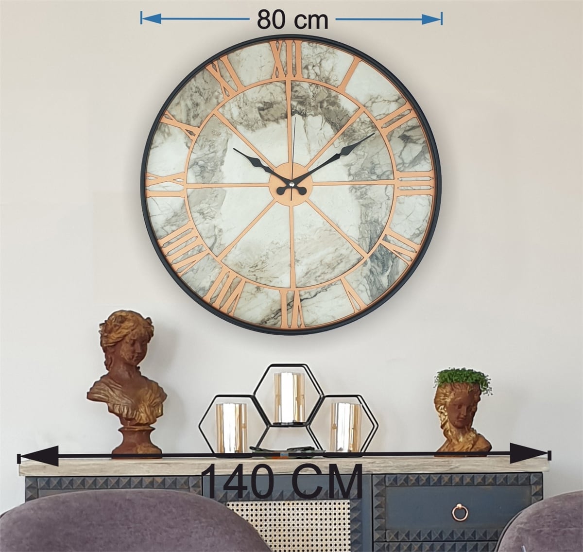 Markakanvas Siyah Metal Kasalı Mermer Desenli  Duvar Saati  ( Çap 50 cm -Çap 80 cm )